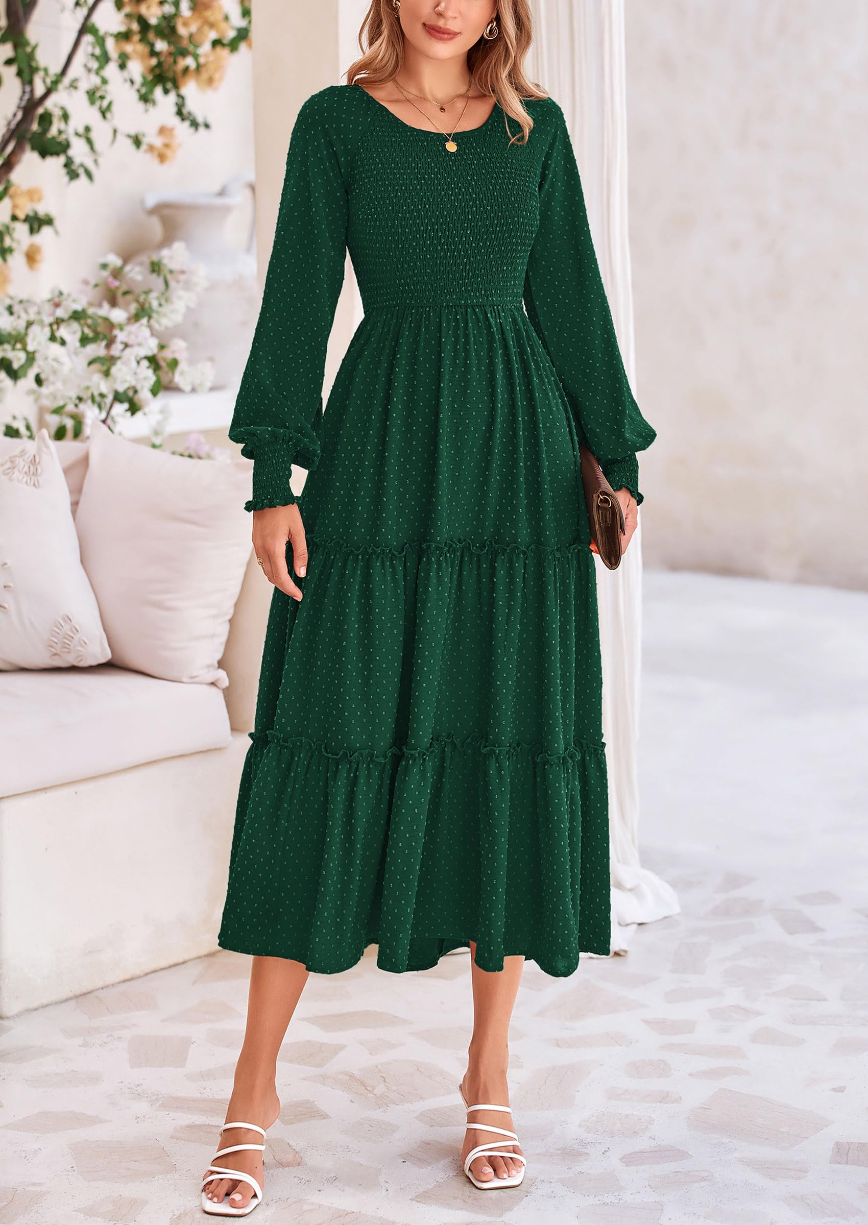 PRETTYGARDEN Women's Flowy Smocked Maxi Dress with Pockets - Long Sleeve Swiss Dot Ruffle Dress for Spring Casual Wear, Date Night & Outdoor Events
