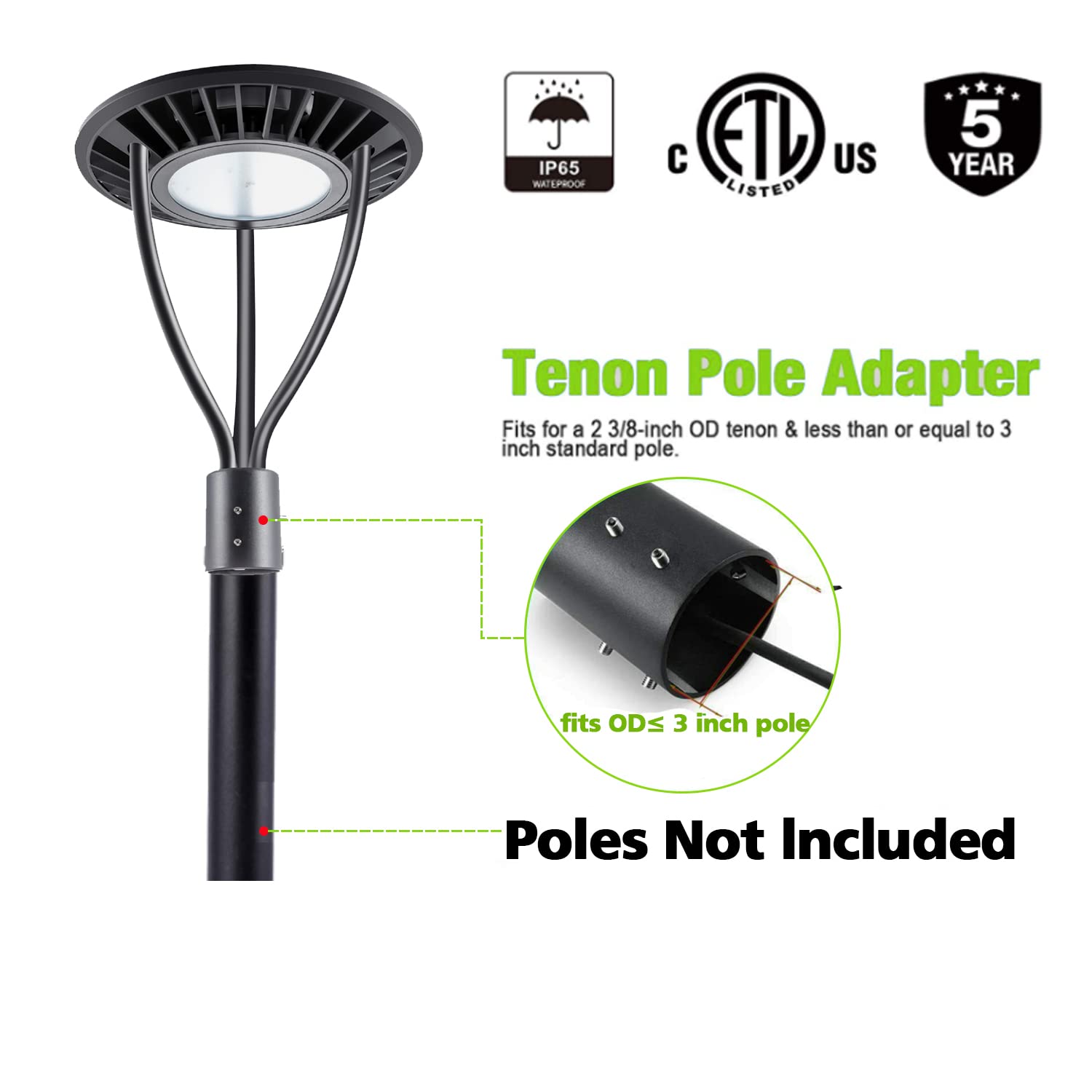 Dusk to Dawn LED Post Top Pole Lights - 20W/30W/40W/60W Selectable, 3000K/4000K/5000K Adjustable CCT - ETL & DLC Approved Outdoor Lighting for Garden, Pathway, School & Street - Energy Efficient Commercial & Residential Area Lights
