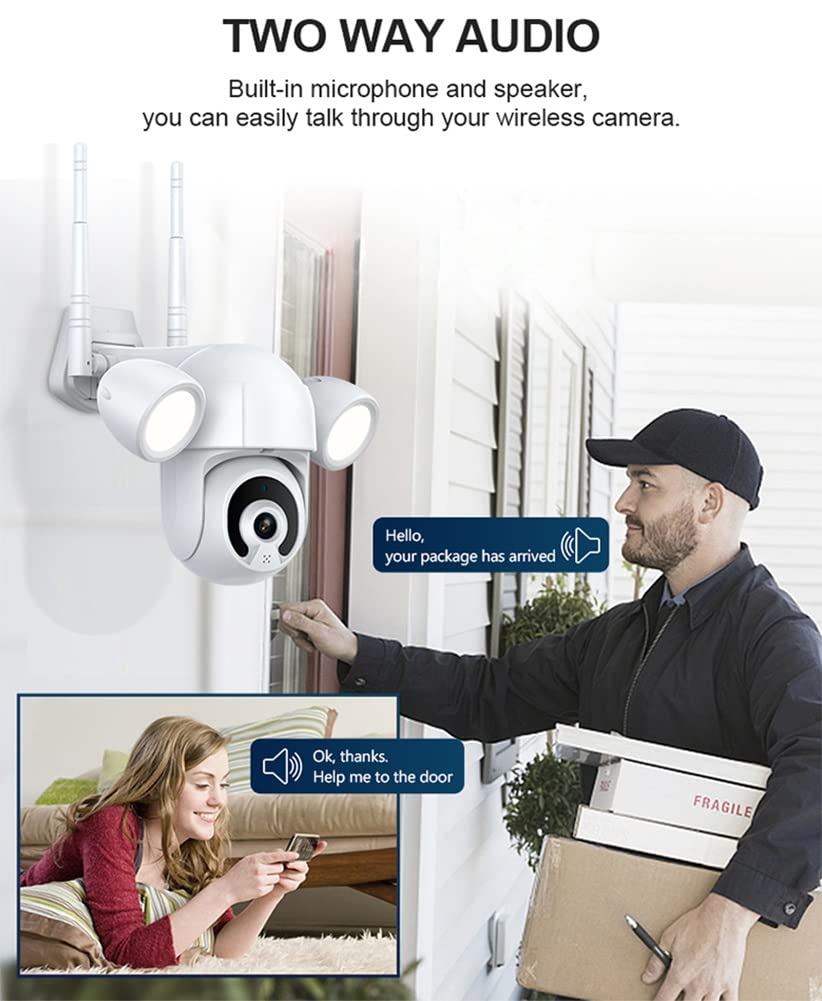 5MP Outdoor Security Camera with Floodlights - Motion-Activated Home Surveillance System, 2-Way Audio & Auto Night Vision, IP66 Waterproof for Backyard, Garage & Front Door Protection (Works with Alexa/Google Assistant) - Perfect for 24/7 Home Security and Property Monitoring