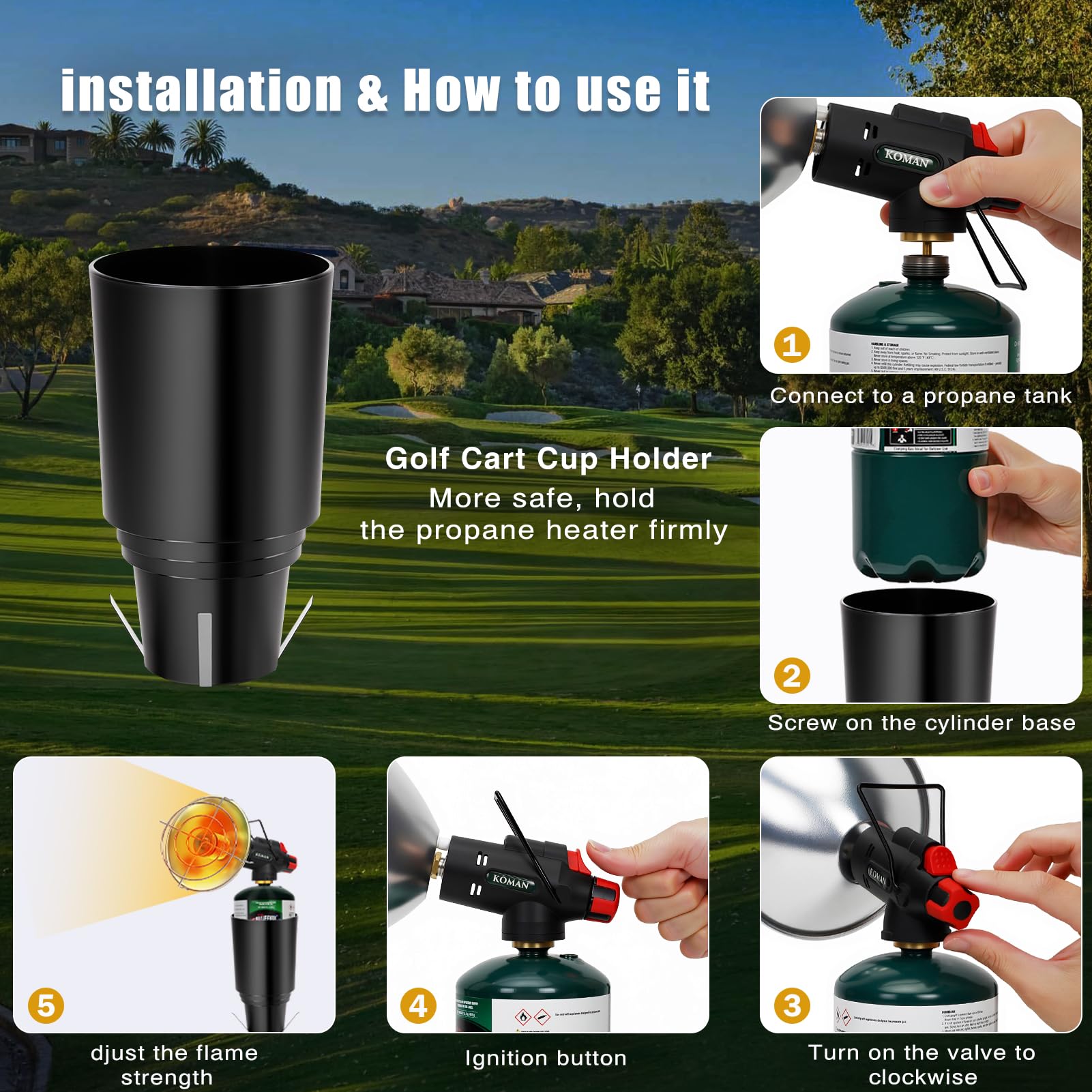 Portable Propane Golf Cart Heater with Cup Holder - Self-Ignition, Cordless & Safe - Compatible with EZGO, Yamaha, Club Car (Fuel Not Included) | Perfect for Winter Golfing, Camping & Outdoor Activities