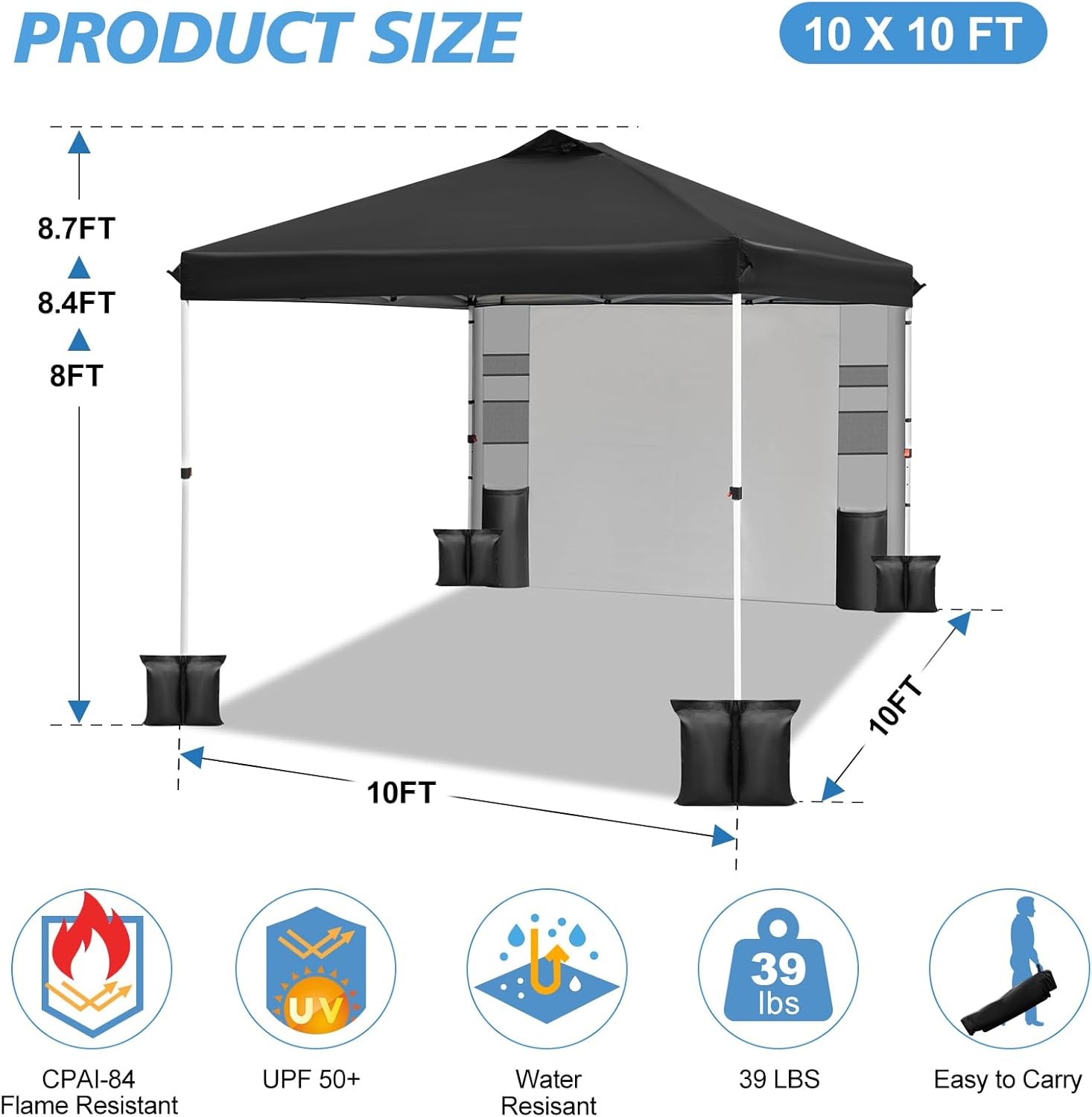 WEIZE 10x10 Pop Up Canopy Tent - Instant One-Button Setup Gazebo with Adjustable Height, 1 Sidewall & 6 Storage Pockets | Includes 4 Weight Bags | Portable Sun Shelter for Outdoor Events, Beach Parties, Camping & Backyard Gatherings (Black)