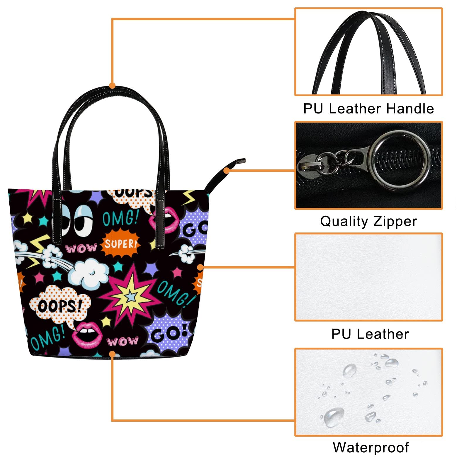 Stylish Black and White Pop Art Leather Tote Bag for Women - Fashionable Crossbody & Work Handbag with Zipper - Perfect for Office, Travel, and Everyday Use