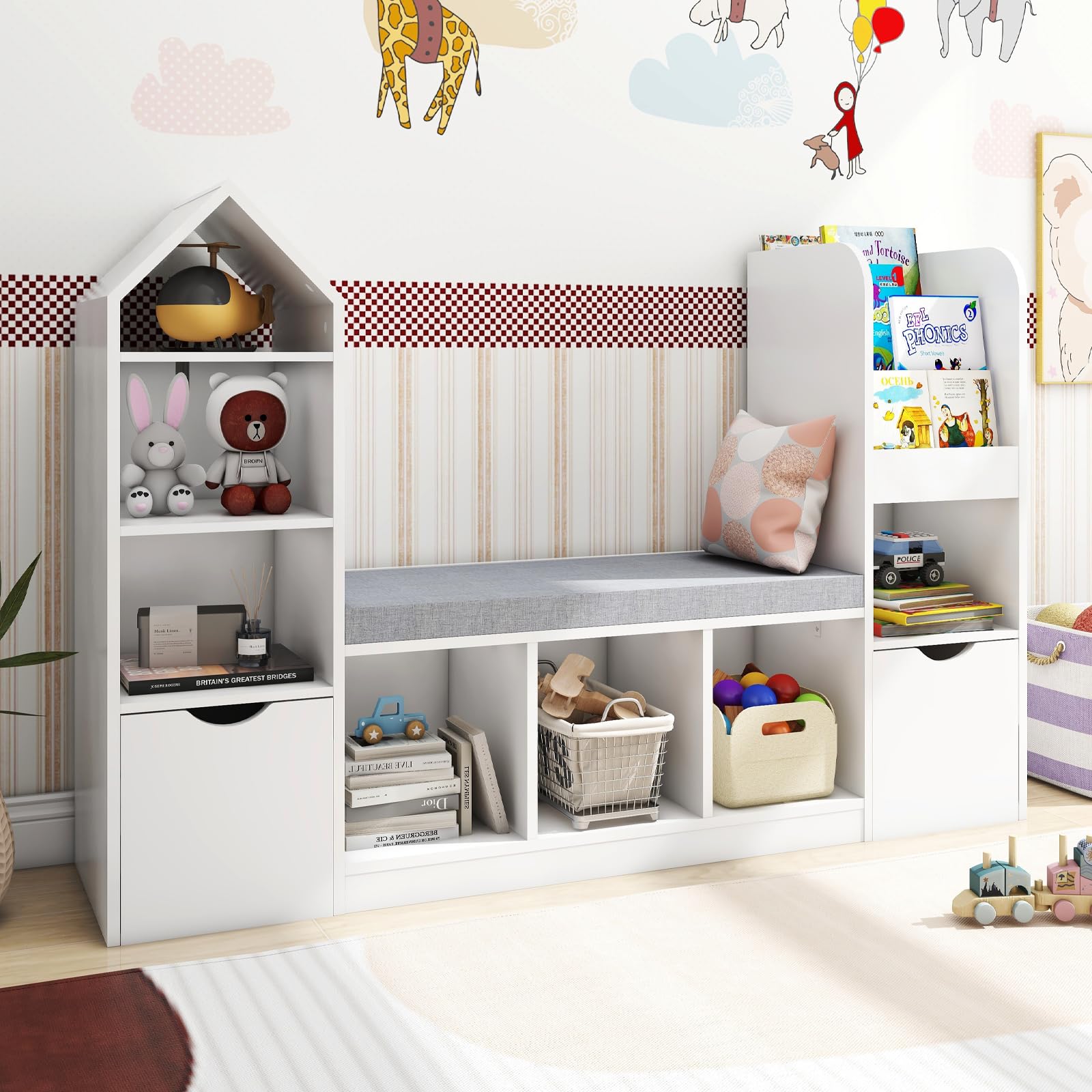 Multifunctional Kids Bookcase with Reading Nook - 7 Storage Cubbies & 2 Movable Drawers - Toy Organizer with Seat Cushion for Children's Bedroom & Playroom - Perfect for Storytime, Reading Corner & Toy Storage