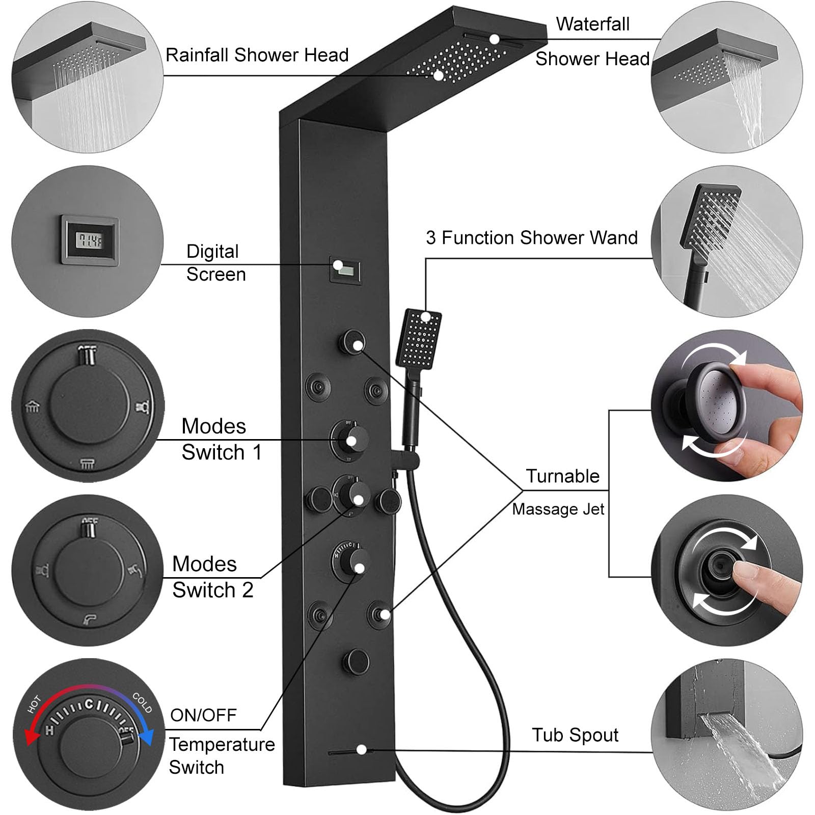 6-in-1 Matte Black Shower Tower Panel System with Rainfall Shower Head, Body Spray Jets, Waterfall & Temperature Display - Perfect for Spa-Like Bathroom Experience & Luxury Home Renovation