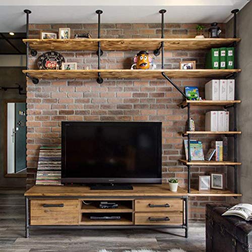 DIYHD 6-Tier Black Pipe Ceiling Mount TV Wall Shelf Bracket - Industrial Open Bookshelf for Living Room, Bedroom & Office (Wooden Planks Not Included)
