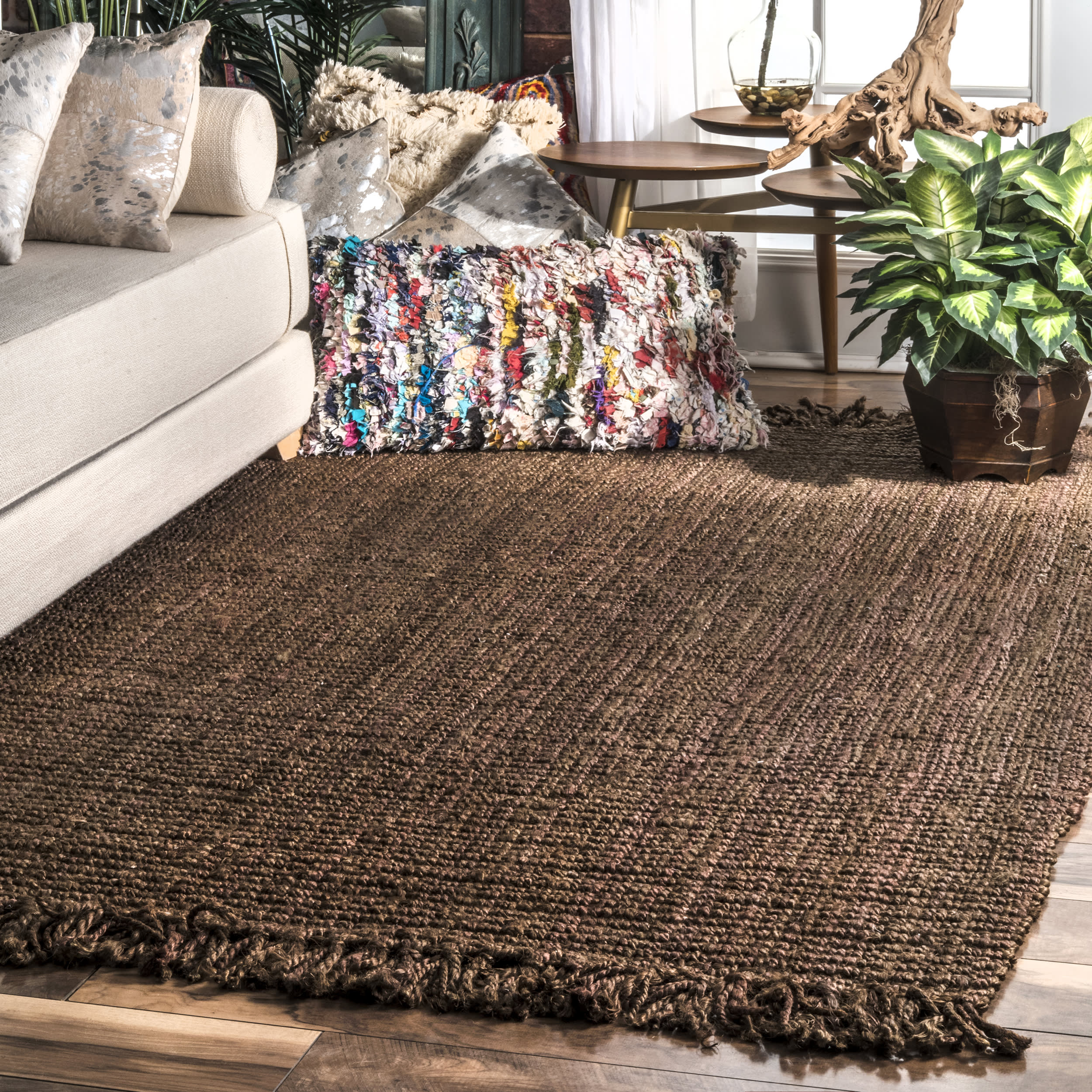 Chunky Jute Tasseled Rug - Handwoven Natural Fiber Bohemian Floor Mat in Chocolate Brown | Perfect for Living Room, Bedroom or Nursery Decor