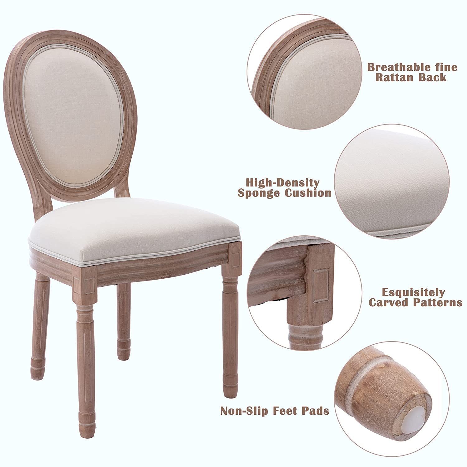 Nrizc French Country Dining Chairs Set of 4 - Farmhouse Fabric Upholstered Chairs with Round Back & Solid Wood Legs - Oval Side Chairs for Kitchen, Bedroom, Dining Room - Perfect for Farmhouse Decor, Rustic Weddings & Cozy Family Gatherings