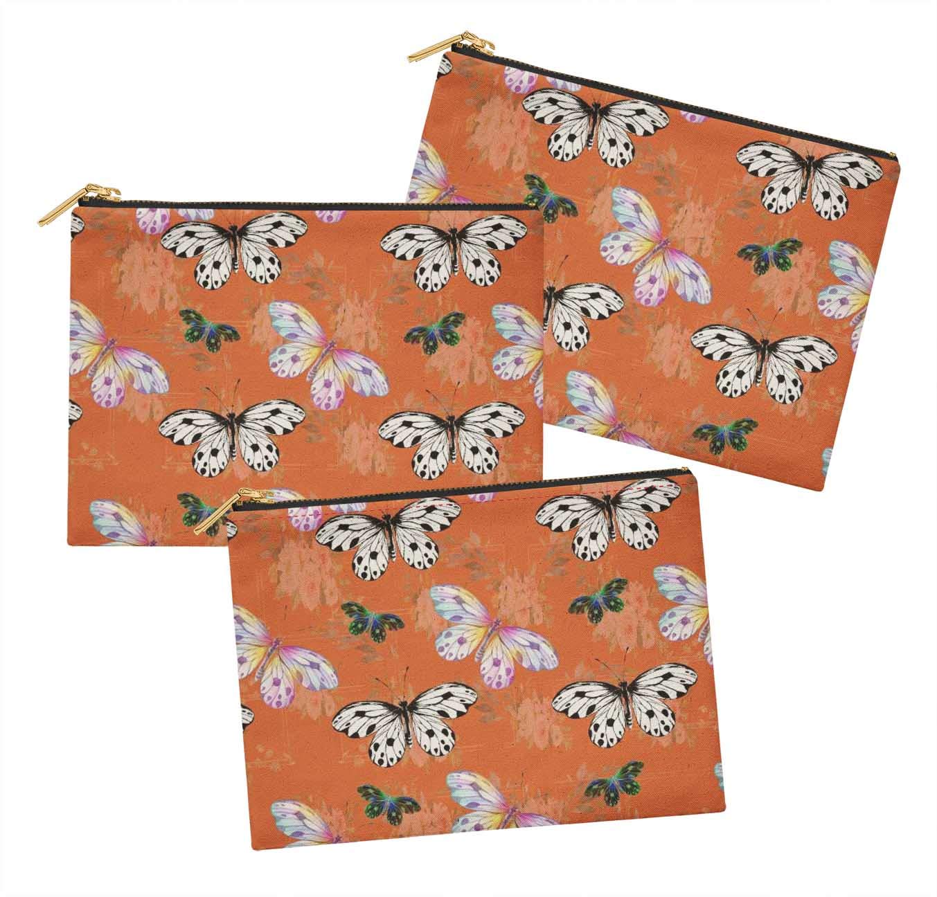S4Sassy Orange Butterfly & Floral Printed Cosmetic Bag Set of 3 - 6 x 8 Inches Makeup Pouch, Coin Purse & Toiletry Organizer - Perfect for Travel, Gym & Daily Essentials Storage