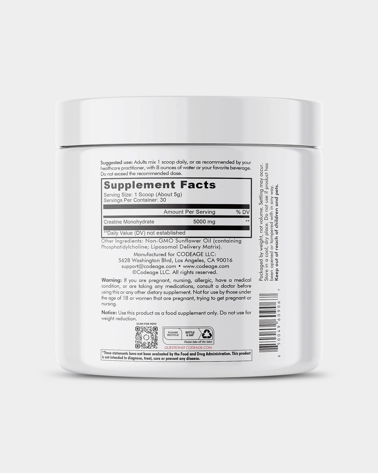 Codeage Creatine Monohydrate Powder Supplement - Pure Muscle Builder for Athletes & Fitness | Pre-Workout & Post-Workout Recovery | Gym Performance Enhancer