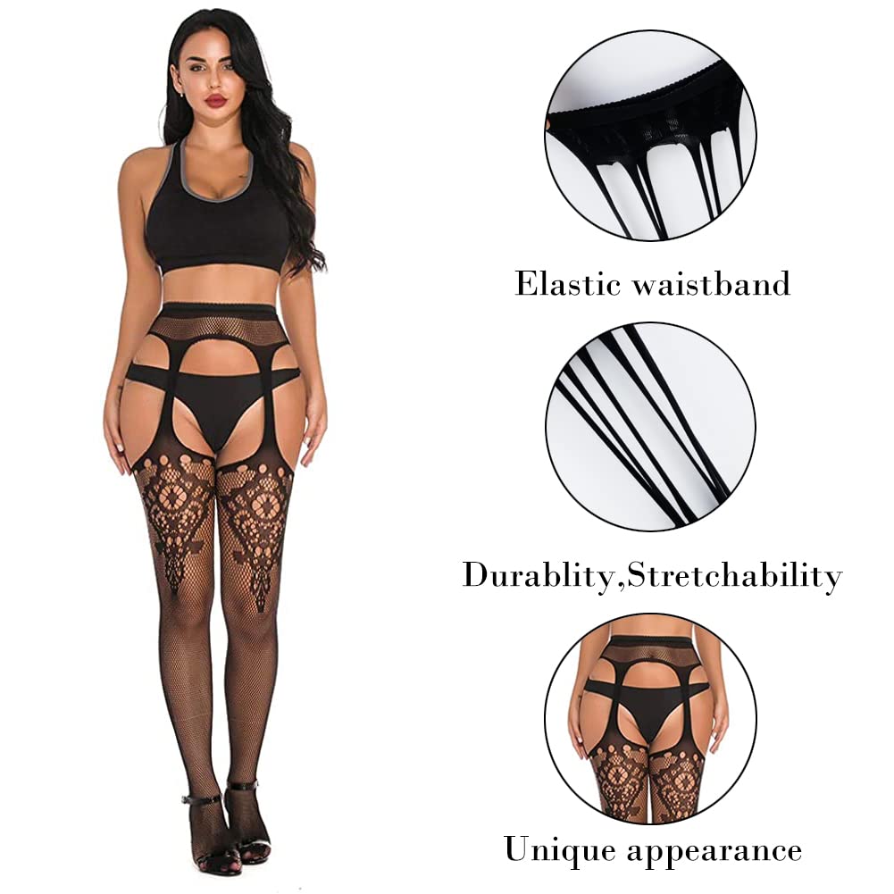Sexy Women's High Waist Fishnet Stockings with Suspenders - Stretchy Pantyhose for Date Night & Cosplay Outfits
