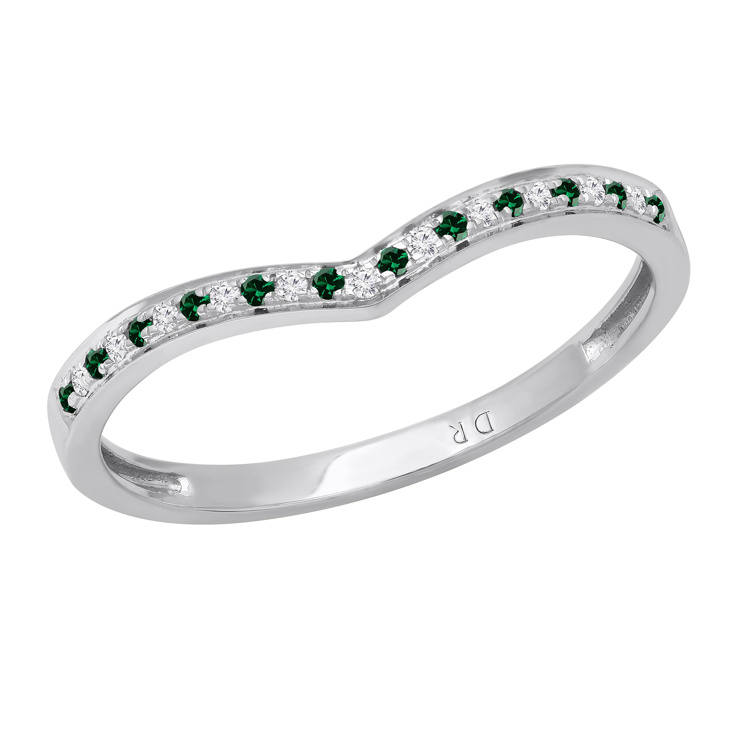 10K White Gold Round Lab-Created Gemstone & Natural Diamond Women's Bridal Wedding Band – Chevron Anniversary Ring for Her | Perfect for Engagement, Proposal, Valentine's Day & Special Occasions