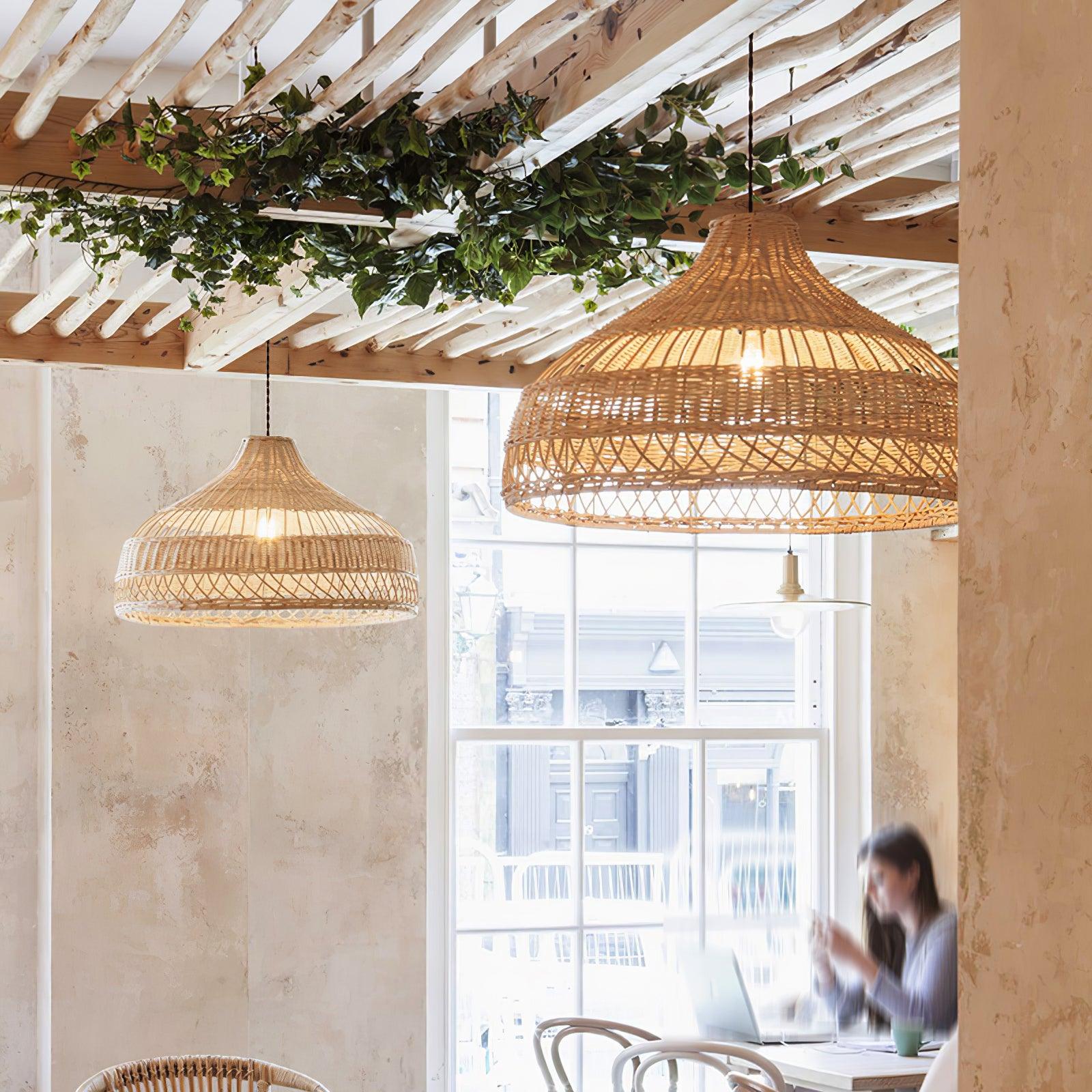 Handwoven Rattan Dome Pendant Light - Boho Chic Ceiling Fixture for Living Room, Bedroom & Dining Area