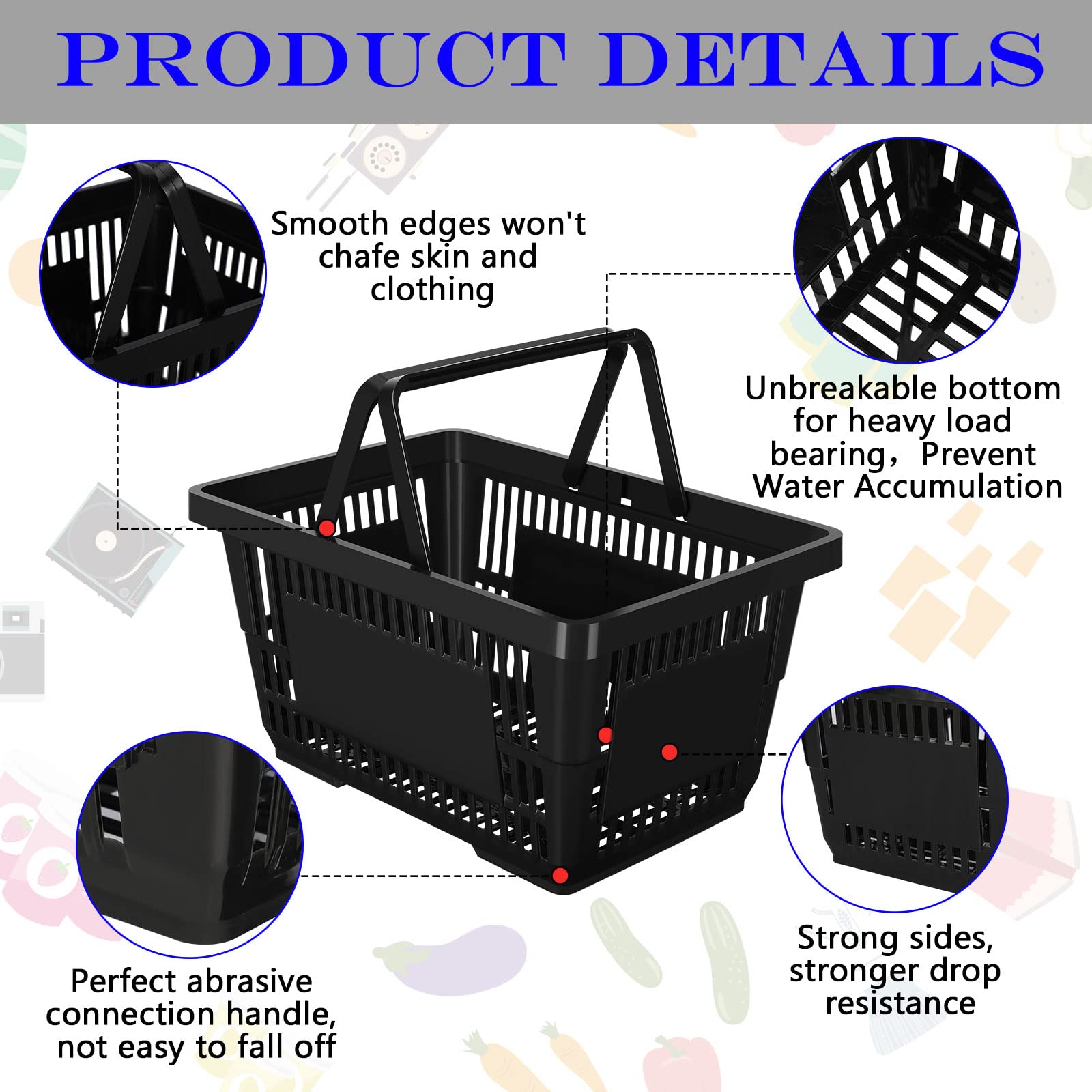 Macarrie 12 Pack 20L Plastic Shopping Baskets with Handles - 16.9 x 11.8 x 9.1 Inches, Durable Black Storage Bins for Grocery Store, Retail, Home Organization & Laundry Room