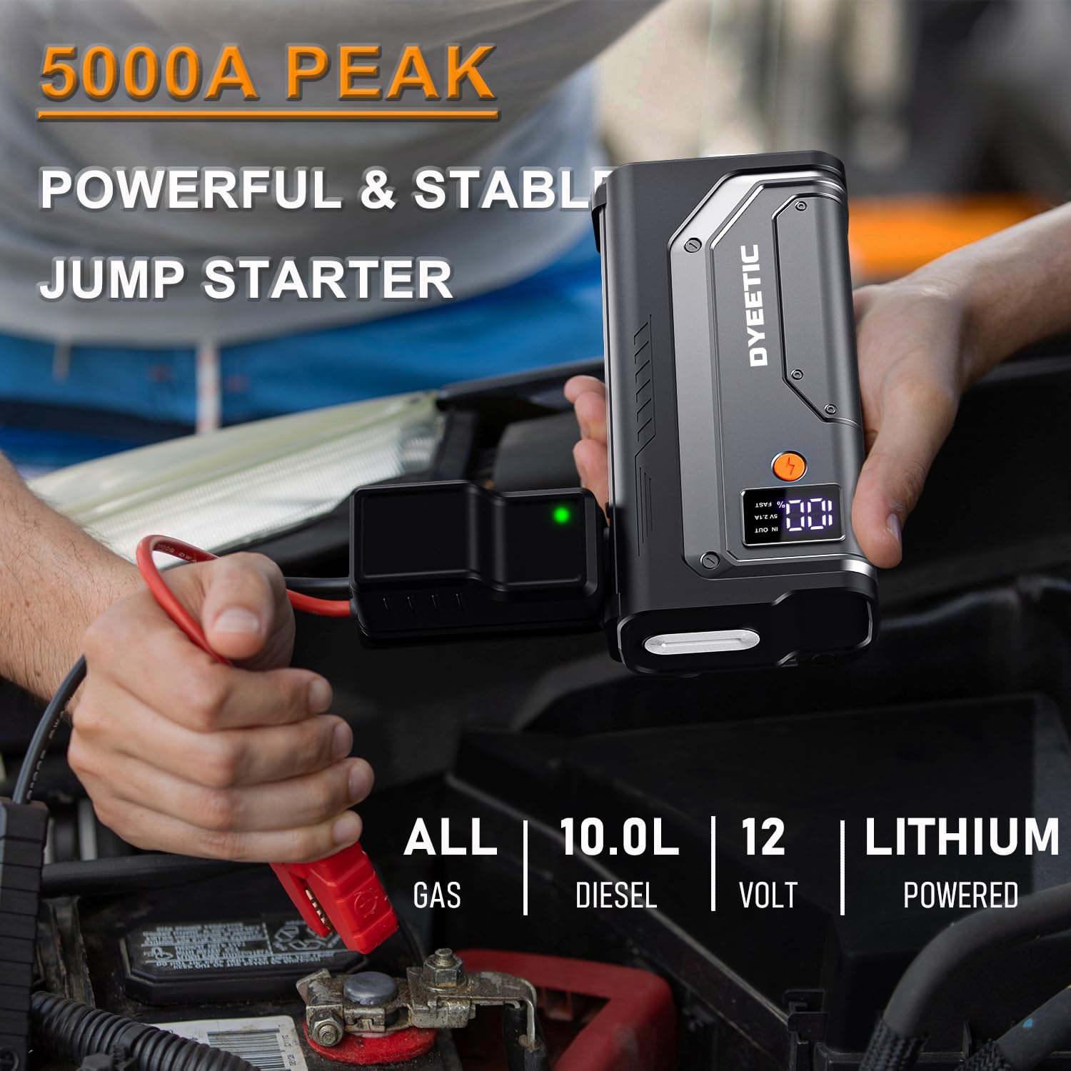 5000A Car Jump Starter - Portable Battery Pack for All Gas & 10.0L Diesel Engines | 12V Lithium Jumper Box with Power Bank, LED Light & Jumper Cables | Emergency Roadside Assistance, Camping & Outdoor Adventures
