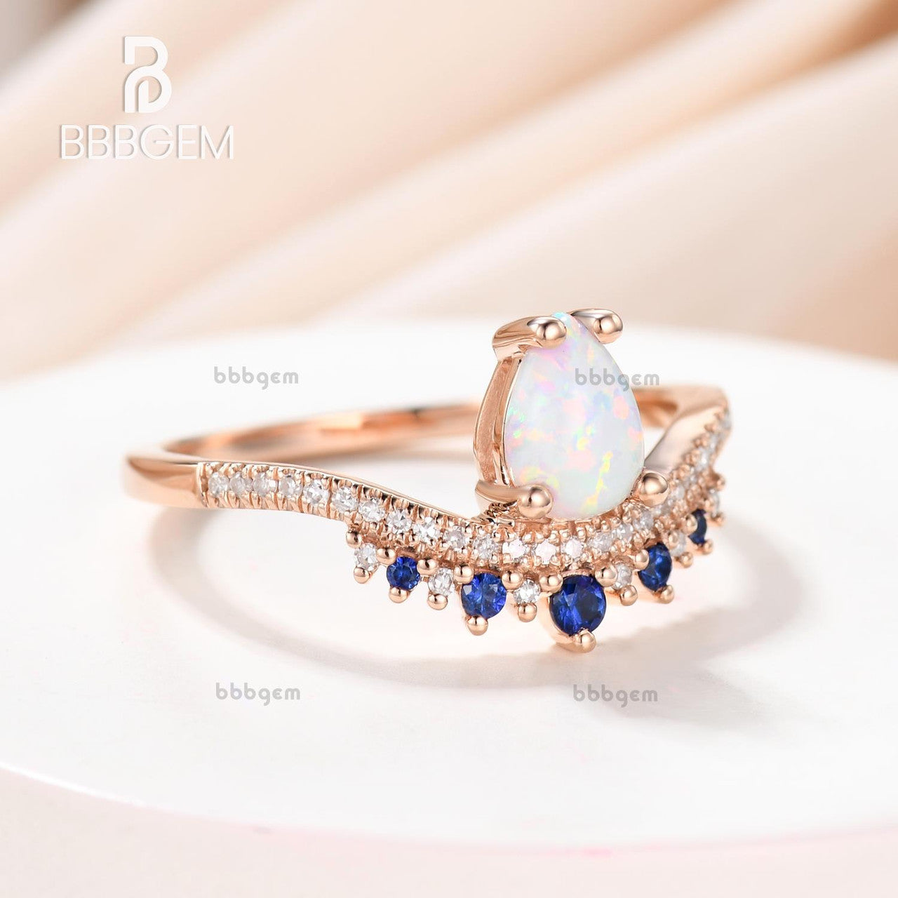 Vintage 14K Rose Gold Pear Cut White Fire Opal & Blue Sapphire Engagement Ring for Women - Elegant Wedding, Anniversary & Promise Jewelry Gift