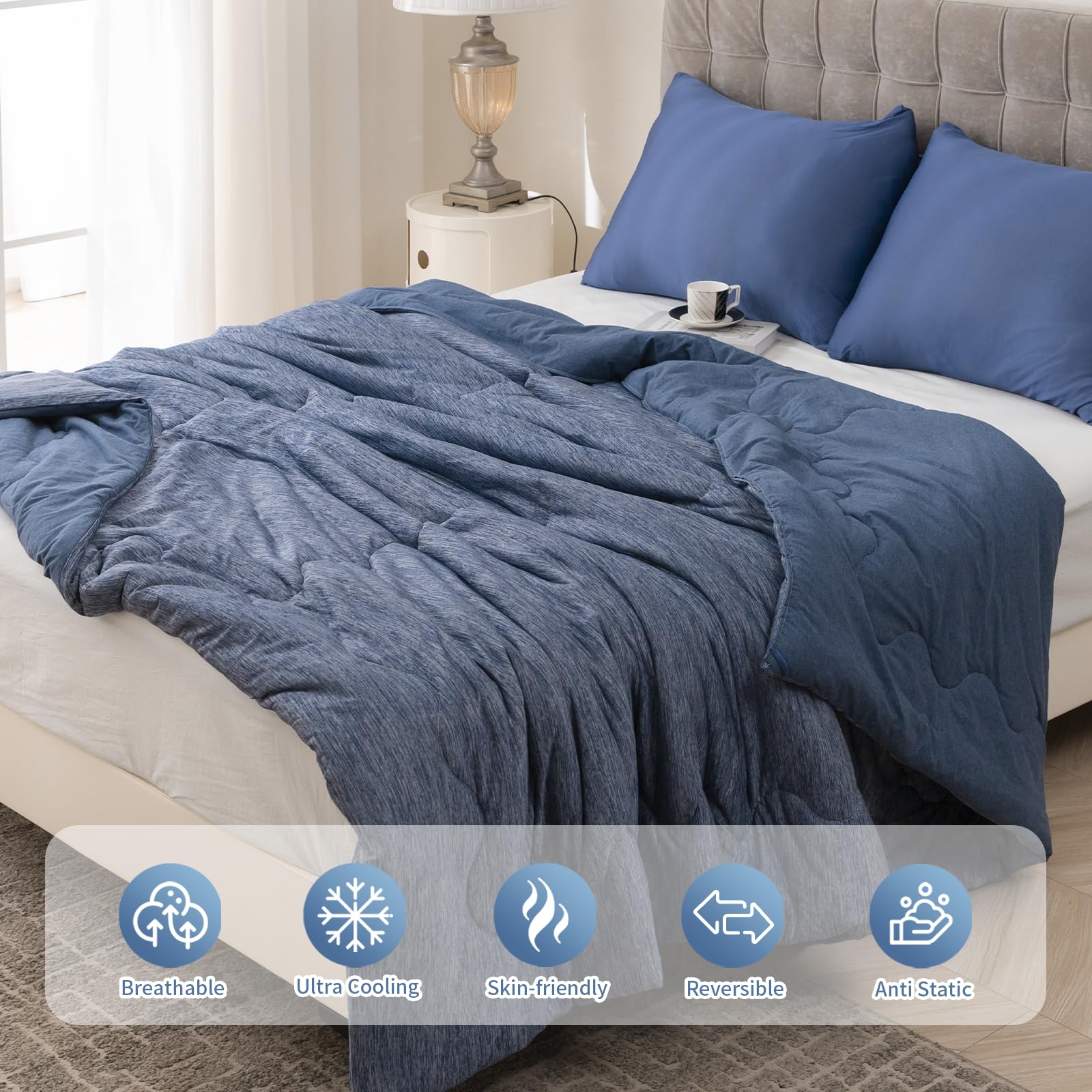 King Size Cooling Comforter with Japanese Q-Max 0.45 Cooling Fiber - All Season Lightweight Cotton Blanket for Summer & Winter (Navy Blue, 90x108 Inches) - Perfect for Hot Sleepers, Bedroom, Guest Room & Dorm