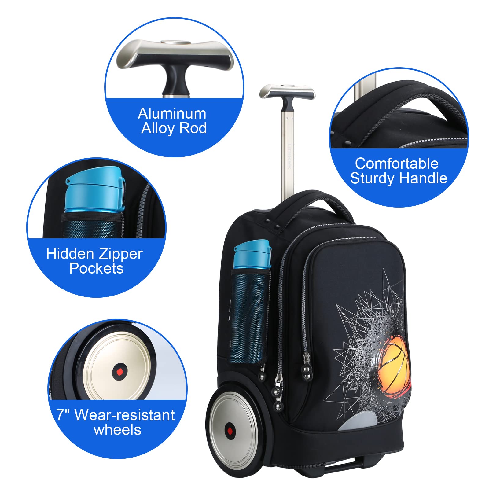 UNIKER 14 Inch Rolling Laptop Backpack with Wheels - 20 Inch Wheeled Computer Bag for Business Travel & Commuting (Basketball Design) - Perfect for Airports, Office & College Campus Use
