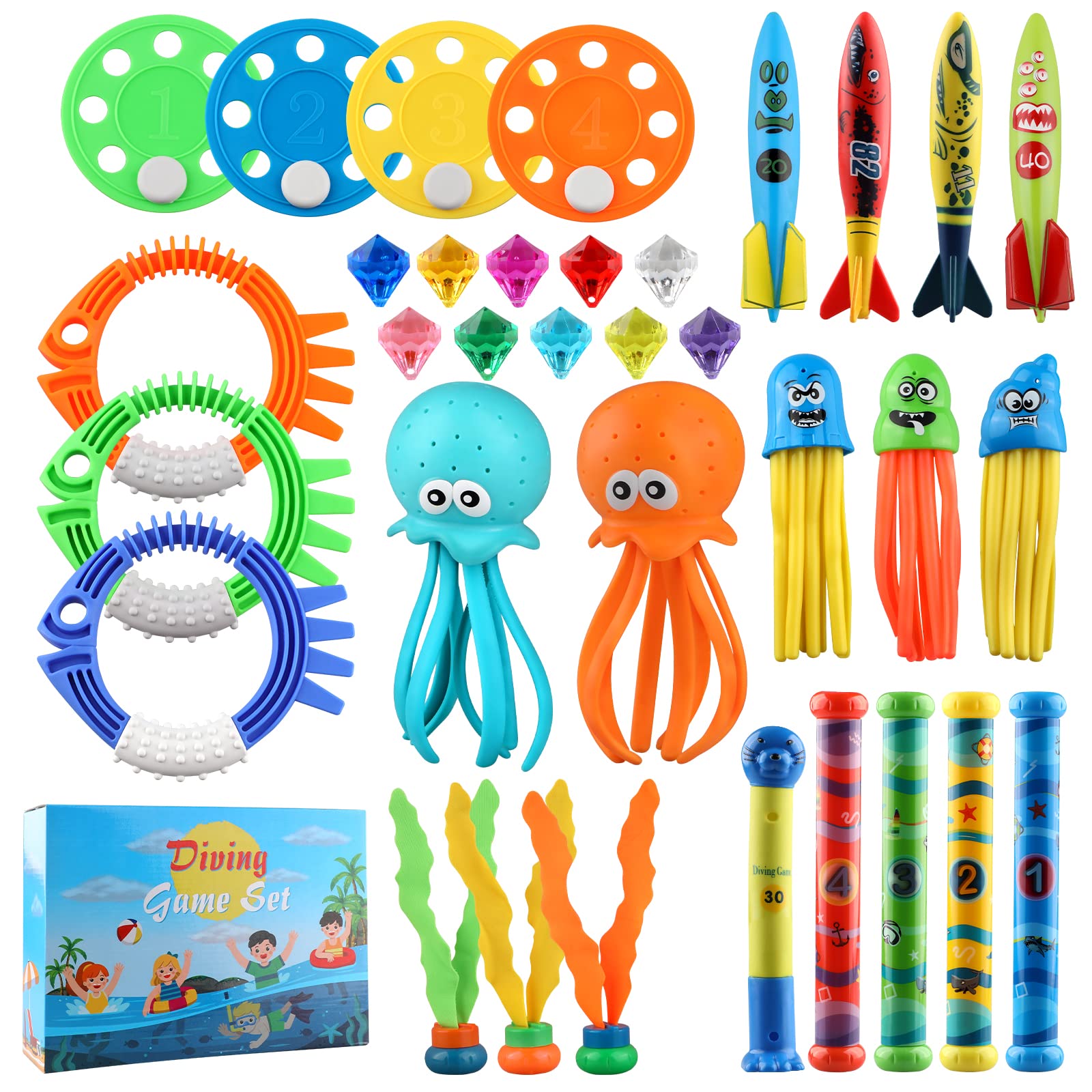 **Best Pool Toys for Kids - 34pcs Diving Rings, Sticks & Fish Set with Storage Bag - Fun Underwater Games for Swimming Pool Training - Perfect Summer Toys for Boys & Girls**    *(Ideal for backyard pools, beach trips, and swim lessons - enhances coordination & water confidence!)*