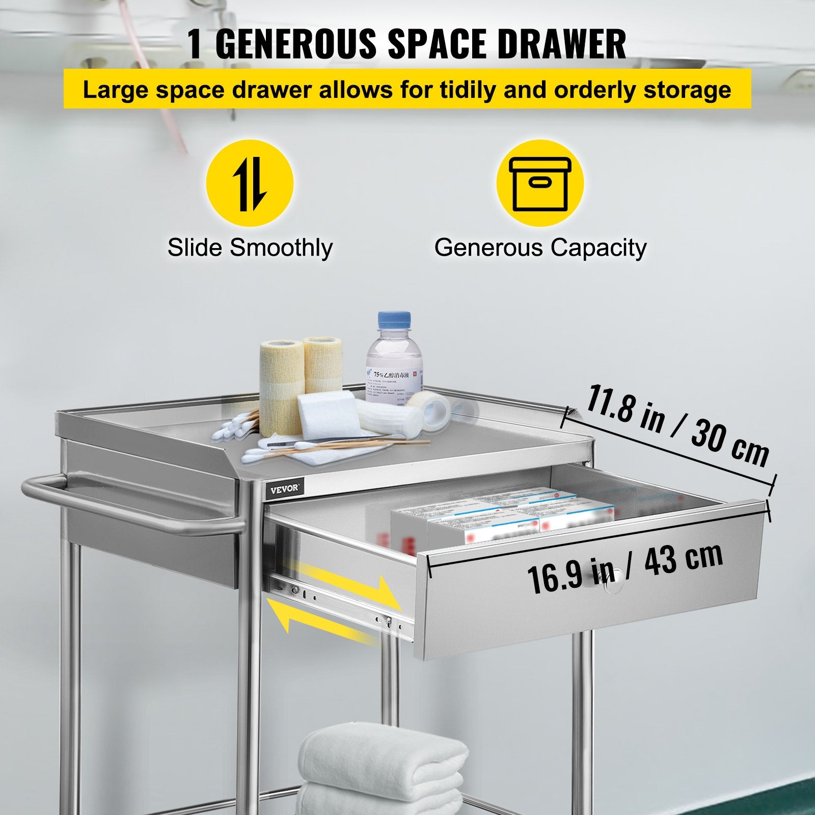 Stainless Steel Medical Cart with Drawer - Mobile Hospital Utility Cart for Nurses & Doctors - Durable Medical Storage Cabinet for Clinics, Hospitals & Home Care Use