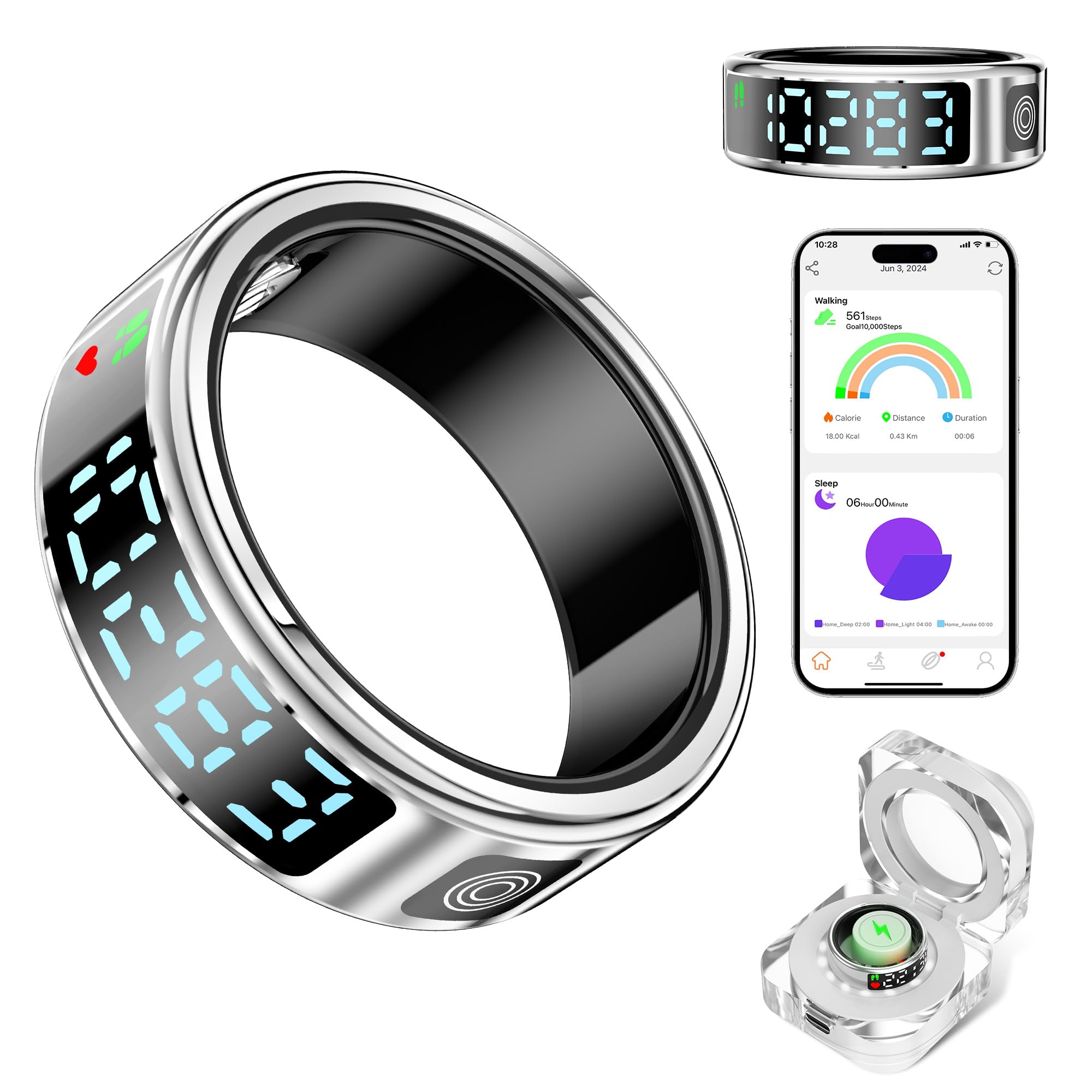 Smart Ring with LED Display - Track Activity, Sleep & Steps - Bluetooth Connected - IP68 Waterproof Fitness Tracker for iPhone & Android - Perfect for Workouts, Sleep Monitoring & Daily Health Tracking (Silver Size 10)