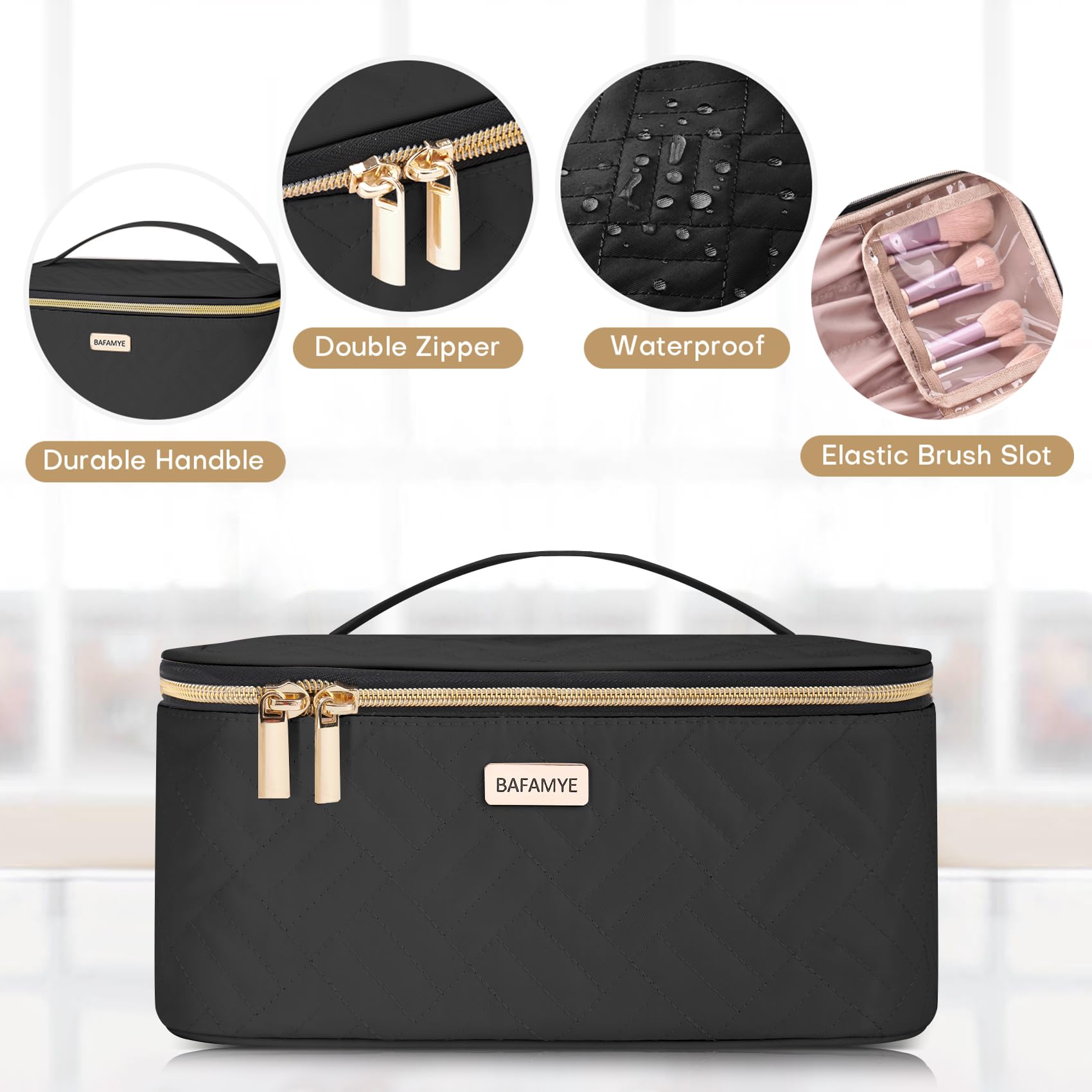 5L Large Capacity Travel Makeup Bag for Women - Portable Cosmetic Organizer with Dividers, Waterproof Toiletry Case (Black, 1.34 GAL) - Perfect for Air Travel, Gym, Camping & Weekend Getaways