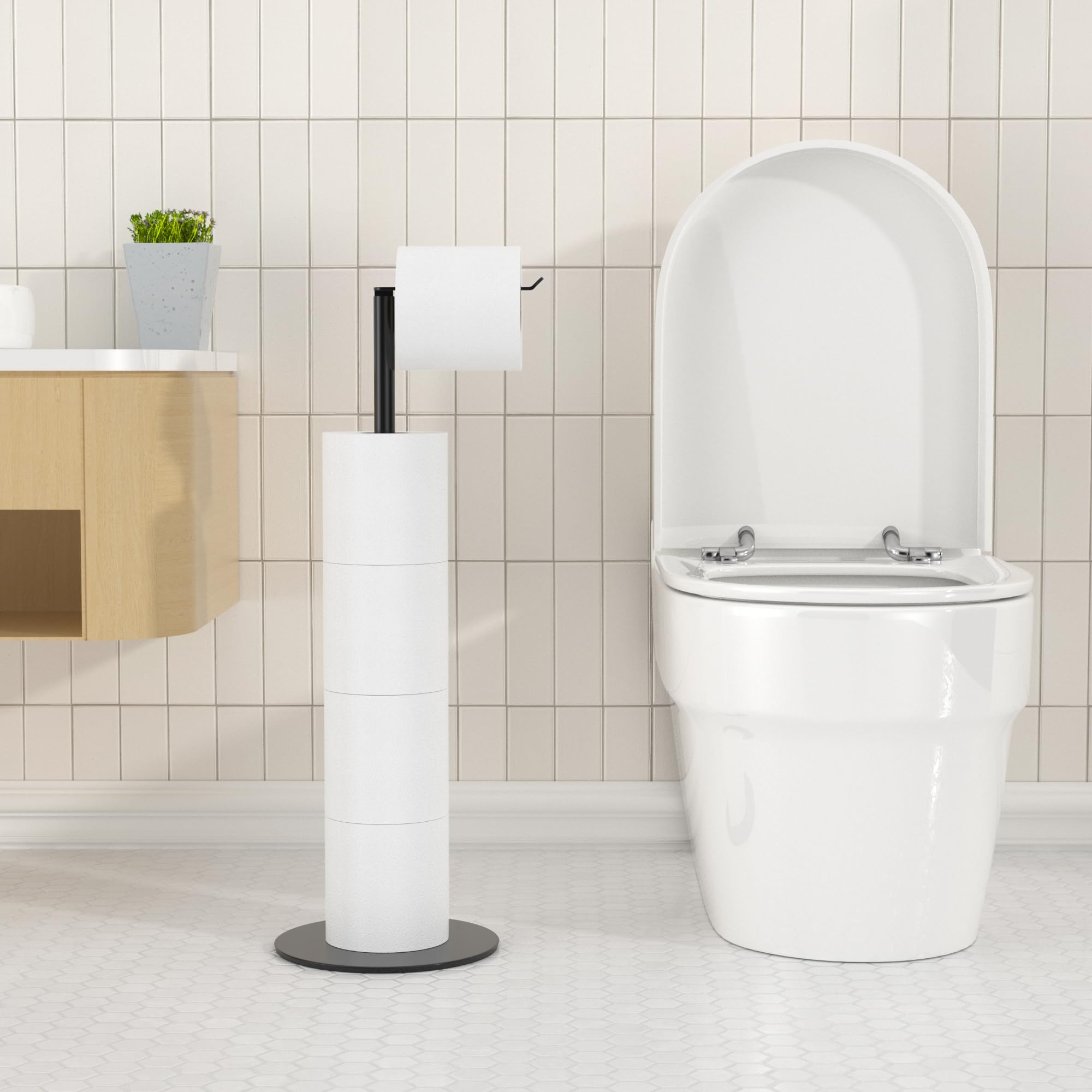 Stainless Steel Free-Standing Toilet Paper Holder with Weighted Base - Holds 4 Spare Rolls - Bathroom Tissue Dispenser & Storage Shelf for Home, Office, or Guest Bathroom