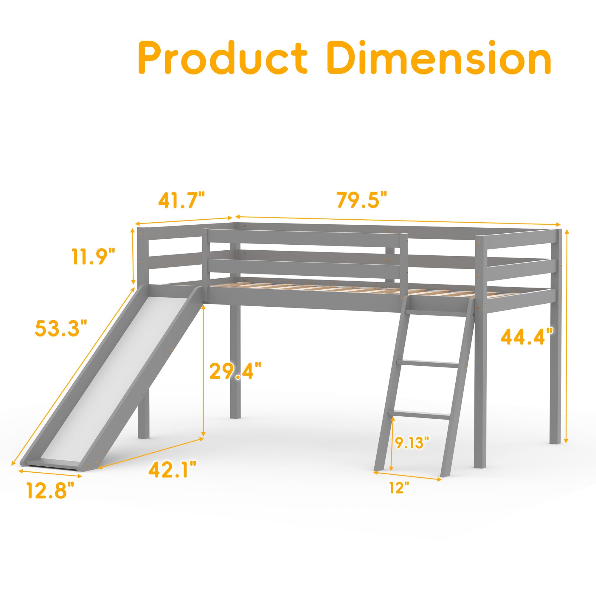 Xilingol Low Loft Bed with Slide - Wooden Twin Bed Frame with Climbing Ladder for Toddlers & Kids - Space-Saving Grey Kids Bed for Small Rooms - Perfect for Playrooms, Bedrooms & Daycare Centers