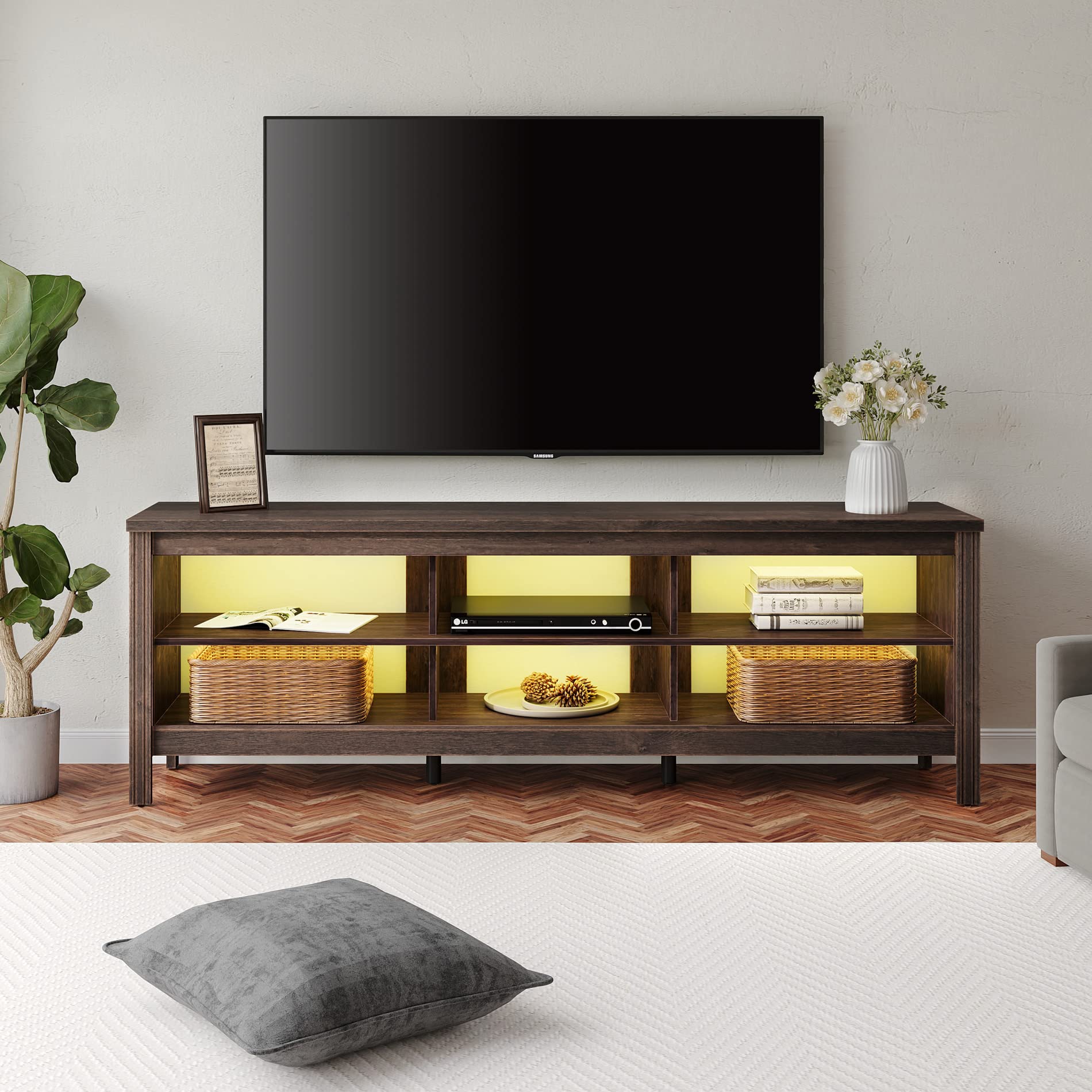 WAMPAT TV Stand for 65/70/75 Inch TVs - Modern Entertainment Center with Storage Shelves & LED Lights, Farmhouse Style TV Cabinet for Living Room, Bedroom - Espresso Brown Finish - Perfect for Home Theater Setup & Living Room Decor
