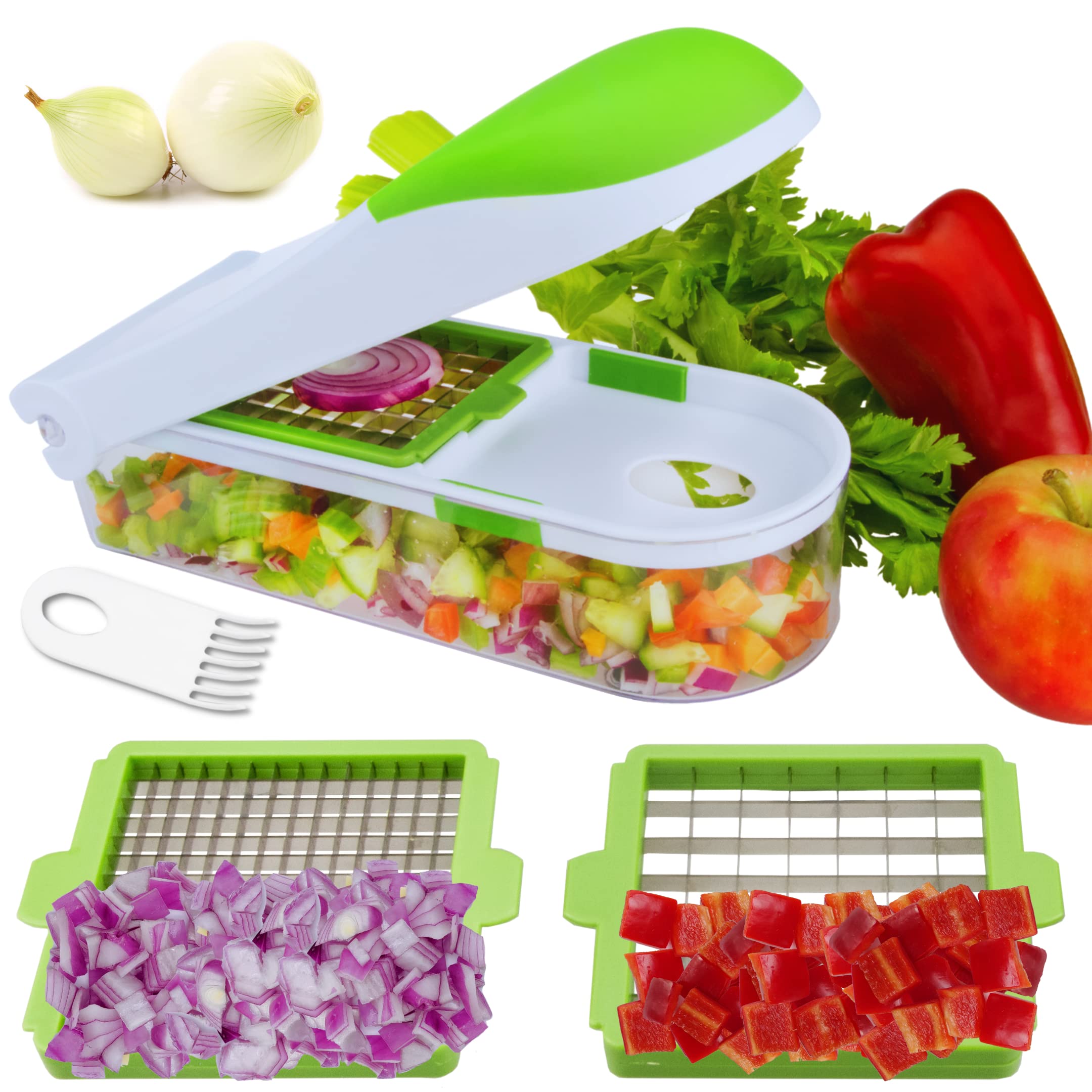 Brieftons QuickPush Food Chopper - 2-in-1 Vegetable & Fruit Dicer for Onion, Tomato, Potato - Includes 2 Dicing Blades & 5 Free Recipe Ebooks - Perfect for Meal Prep, Salad Making & Quick Cooking