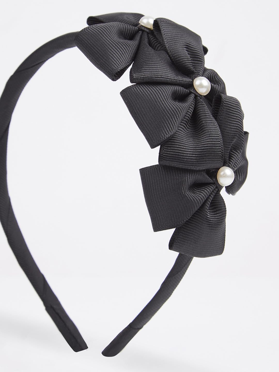 Stylish Triple Grosgrain Ribbon Bow Hairband with Pearl Detail for Women & Girls - Elegant Black Hair Accessory for Parties, Weddings & Daily Wear (Set of 1)