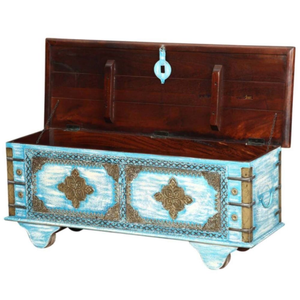 Handmade Mango Wood Storage Trunk with Embossed Design - Multifunctional Coffee Table & Decorative Storage Box (Light Blue Distress Finish) - Perfect for Living Room, Bedroom & Home Decor