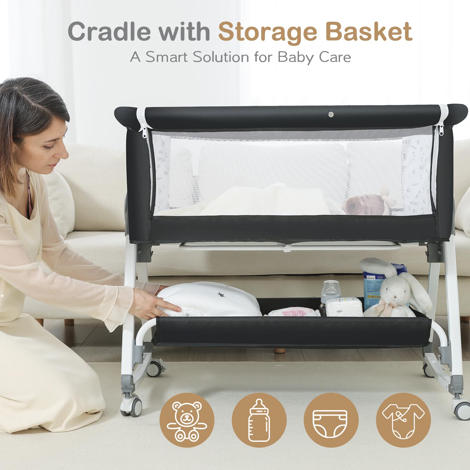 4-in-1 Baby Bassinet & Bedside Sleeper for Newborns - Adjustable Height Crib with 360° Wheels, Storage Basket & Mosquito Net | Portable Infant Bed for Nursery, Travel & Co-Sleeping | Breathable Mesh Design for Safe Baby Sleep