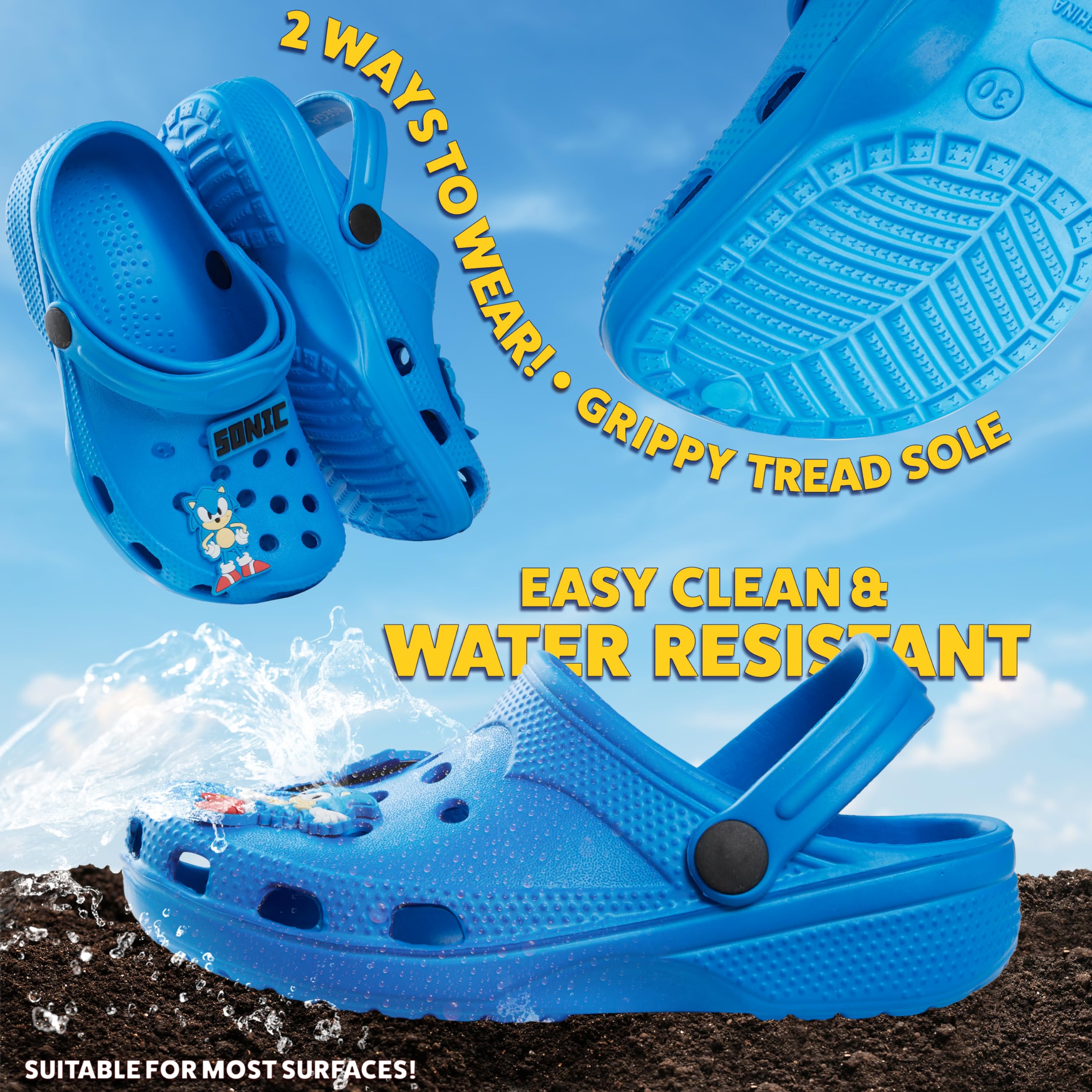 Sonic The Hedgehog Boys Clogs with Removable Rubber Charms - Comfortable Kids Slippers for Gamers - Perfect Gift for Birthday, Christmas & Gaming Enthusiasts
