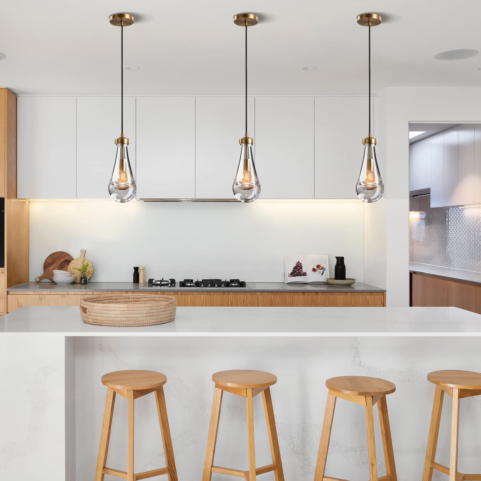 Modern Brass Pendant Light Fixtures with Raindrop Glass for Kitchen Island, Living Room, Hallway, Bedroom, Dining Hall, Office & Bar - Farmhouse Decor (Includes Bulb) | Elegant Lighting for Home & Commercial Spaces