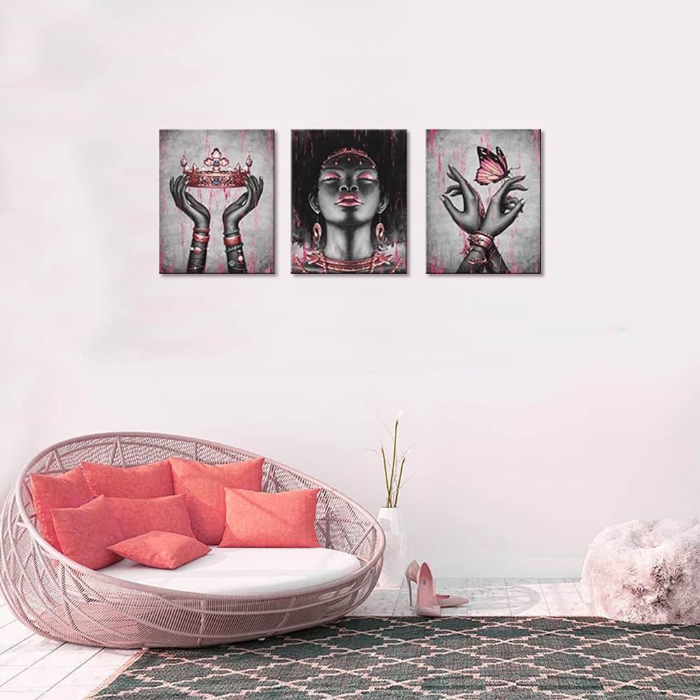 African American Queen Portrait Canvas Wall Art - Black Woman Fashion with Gold Rose Pink Necklace, Bracelet, Crown & Butterfly - Giclee Framed Poster for Living Room, Bedroom, Office & Home Decor