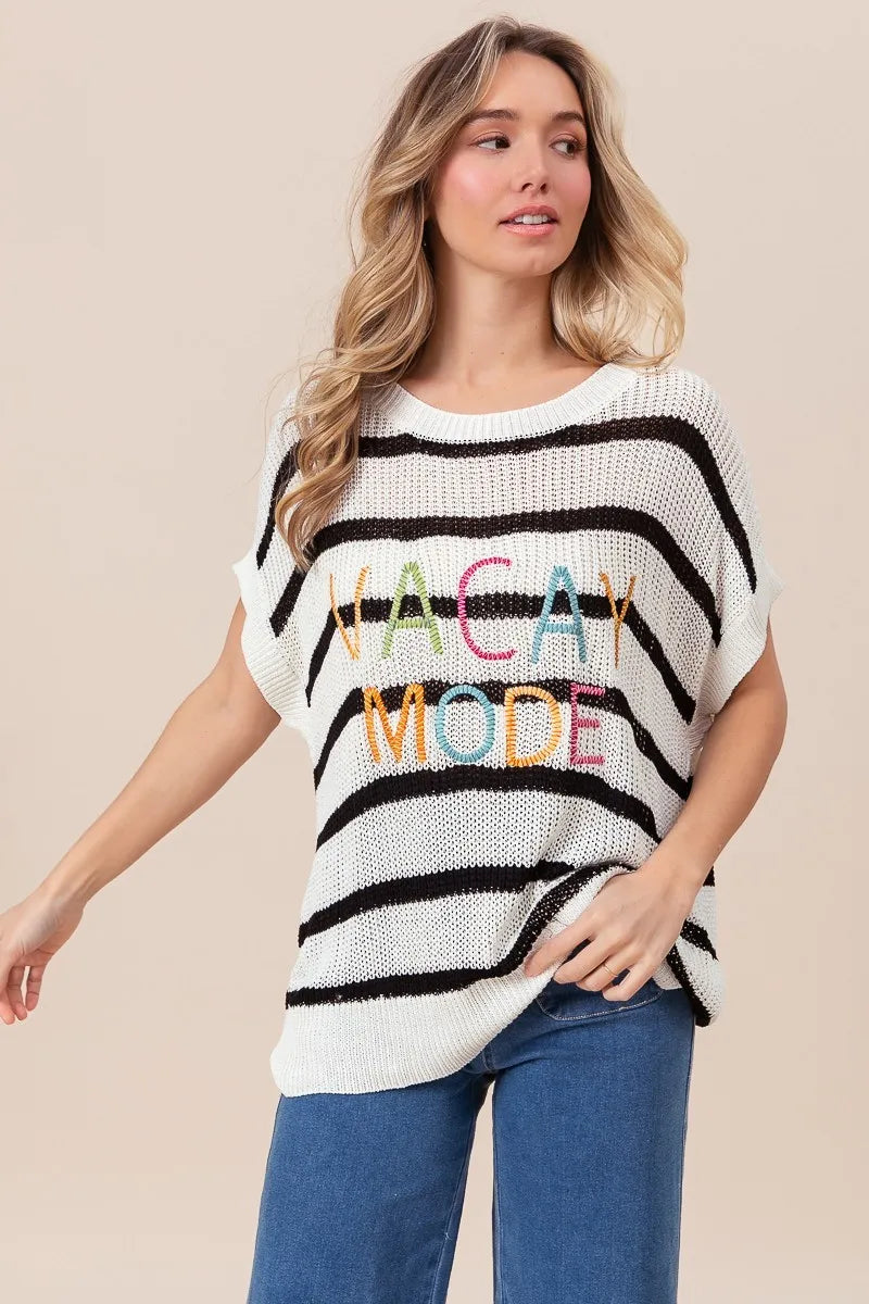 BiBi Vacay Mode Lettering Drop Shoulder Striped Sweater - Women's Casual Oversized Pullover for Beach Vacation, Travel & Cozy Fall Outfits