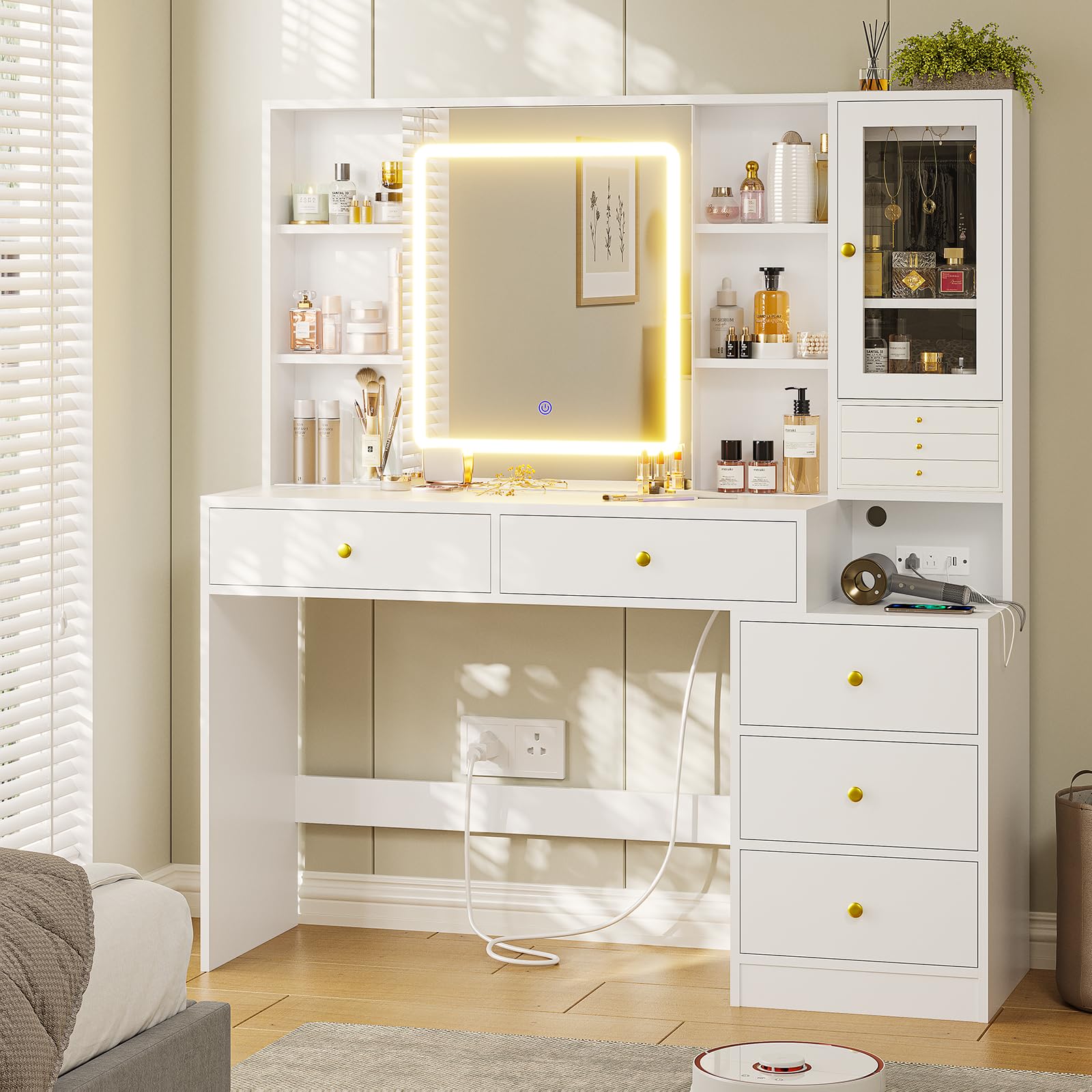 White Makeup Vanity Desk with Charging Station, 3-Layer Jewelry Organizer, Sliding Mirror & LED Lights - 8 Necklace Hooks, 5 Drawers & Storage Shelves - Perfect for Bedroom, Dressing Room & Beauty Salon Organization