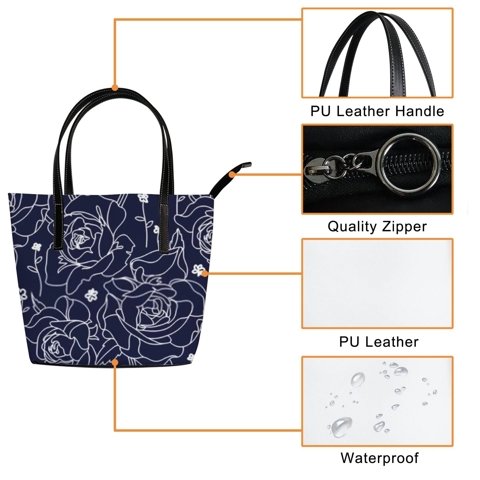 Stylish Navy Blue Floral Leather Tote Bag for Women - Crossbody Work Purse with Zipper | Perfect for Office, Travel & Everyday Use