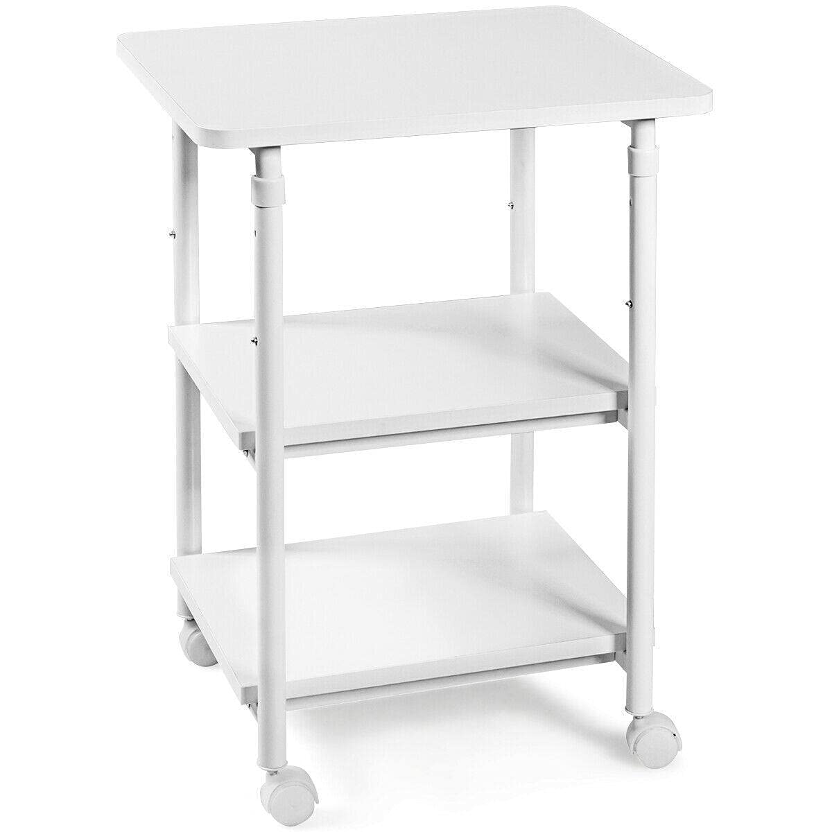 3-Tier Adjustable Rolling Printer Cart with Storage - White Office Desk Organizer | Perfect for Home, Office & Classroom Printer Stand | Compact & Mobile Workstation for Printers, Scanners & Supplies