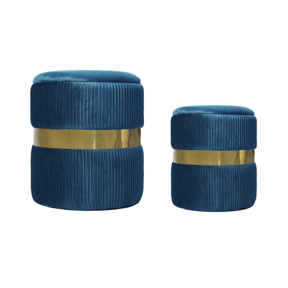 Set of 2 Blue Velvet Storage Ottomans - Living Room Footstool, Kids Room Seat & Bedroom Vanity Chair with Gold Legs | Perfect for Extra Seating, Toy Storage & Home Decor