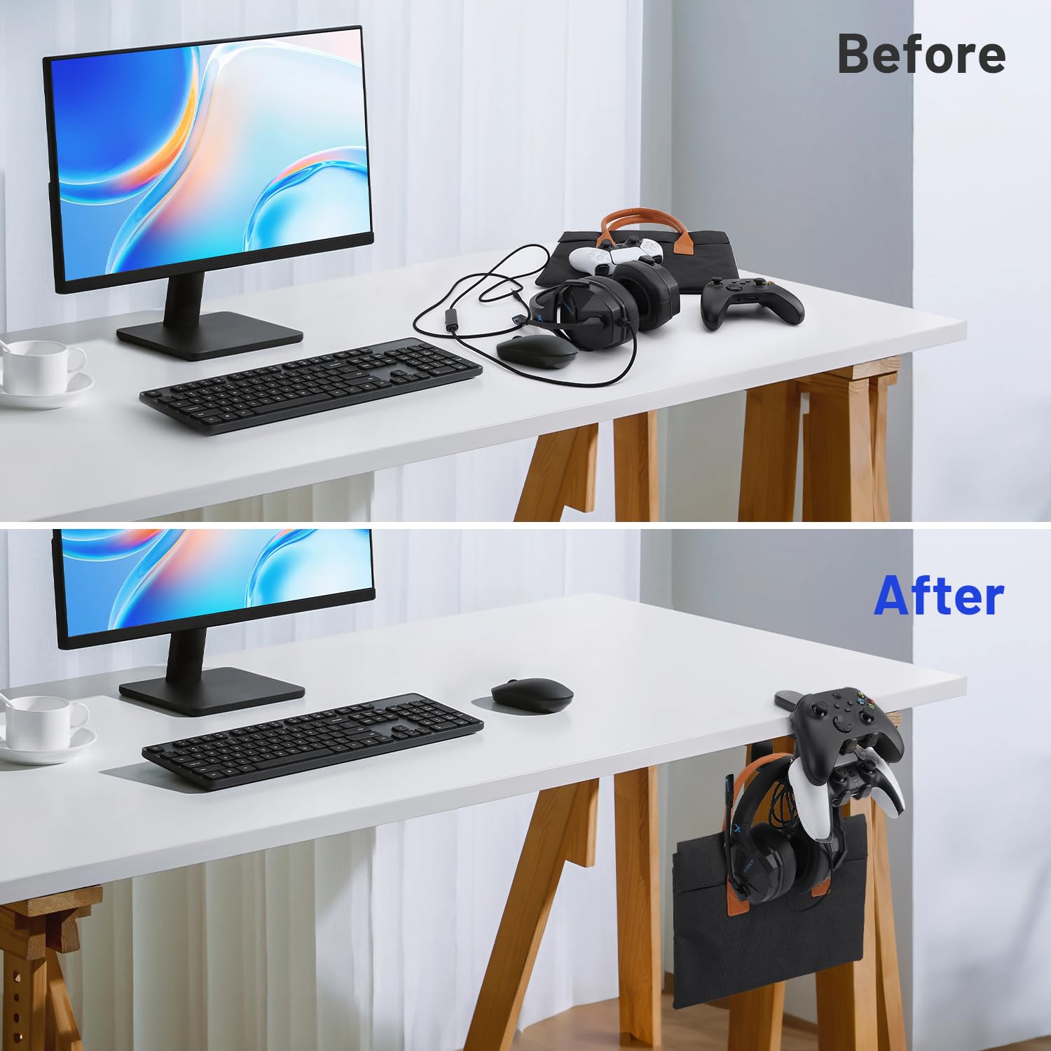 Universal 3-in-1 Under Desk Gaming Headset Stand & Controller Holder - Adjustable Swivel Arm Clamp for PC, PS5, Xbox Accessories (Black) | Perfect for Organized Gaming Setup & Space-Saving Workstation