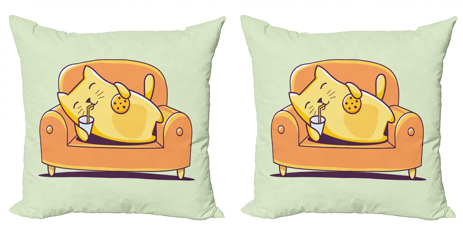 Ambesonne 2-Pack Decorative Throw Pillow Covers - Cute Kitten Laying on Couch Drinking Milk Design, 16 Inch Cream & Orange Cushion Covers for Sofa, Bed, Living Room - Perfect for Home Decor and Cozy Comfort