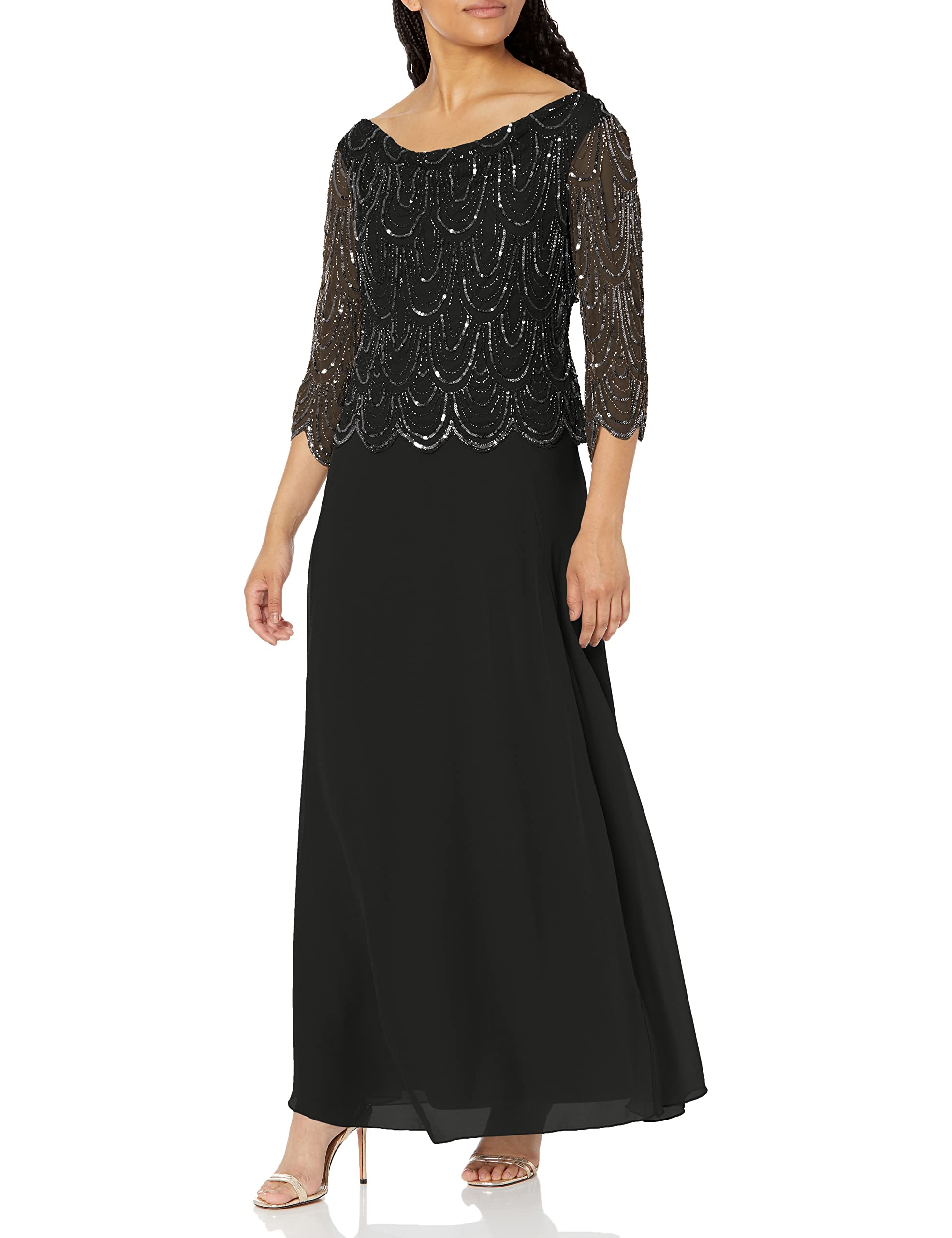 J Kara Women's 3/4 Sleeve Scallop Beaded Pop Over Gown - Elegant Evening Dress for Parties, Weddings & Special Occasions