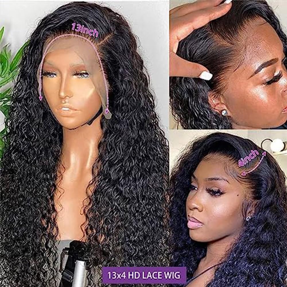 13x4 HD Lace Front Wigs Human Hair - Glueless Pre Plucked 180% Density Wet & Wavy Water Curly with Baby Hair - 28 Inch Natural Black Women Wigs for Daily Wear, Parties & Special Occasions