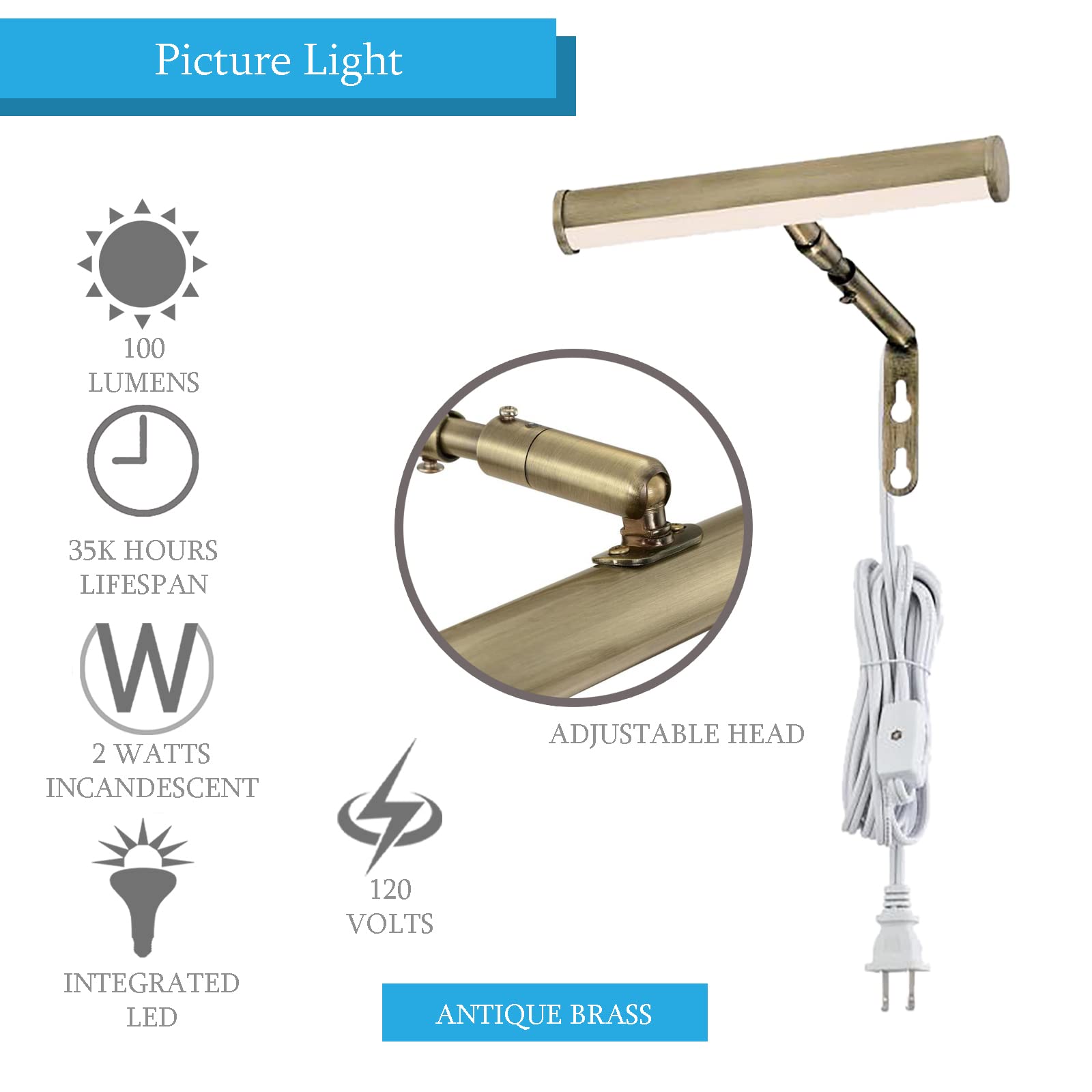 Ciata 7-Inch LED Picture Light for Wall Art - 3000K Warm White, 2W Adjustable Metal Frame Light with In-Line On/Off Switch, CRI-90, Antique Brass - Perfect for Gallery, Museum & Home Decor Lighting