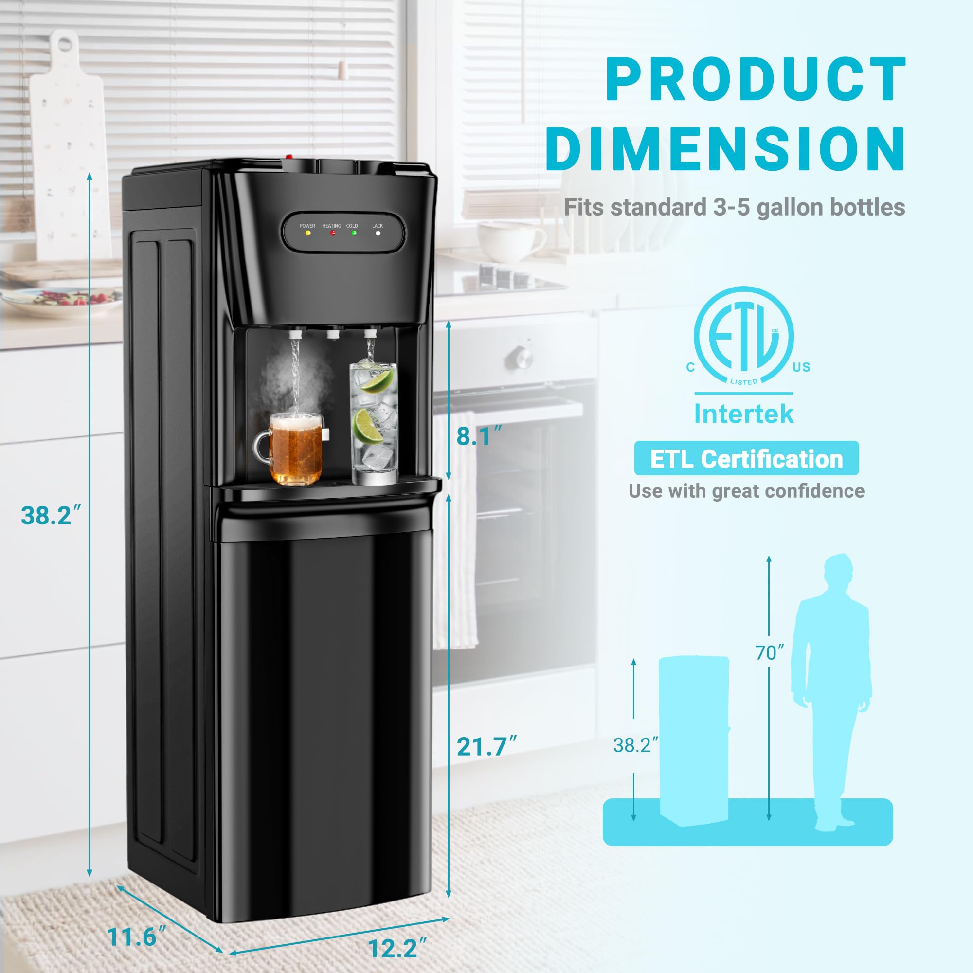 **Bottom Loading Water Cooler Dispenser with Hot, Cold & Cool Water - 3/5 Gallon Bottle Compatible, Empty Bottle Indicator, Child Safety Lock - Perfect for Office, Home & Living Room (Piano Black) | Great for Hydration, Parties & Daily Use**