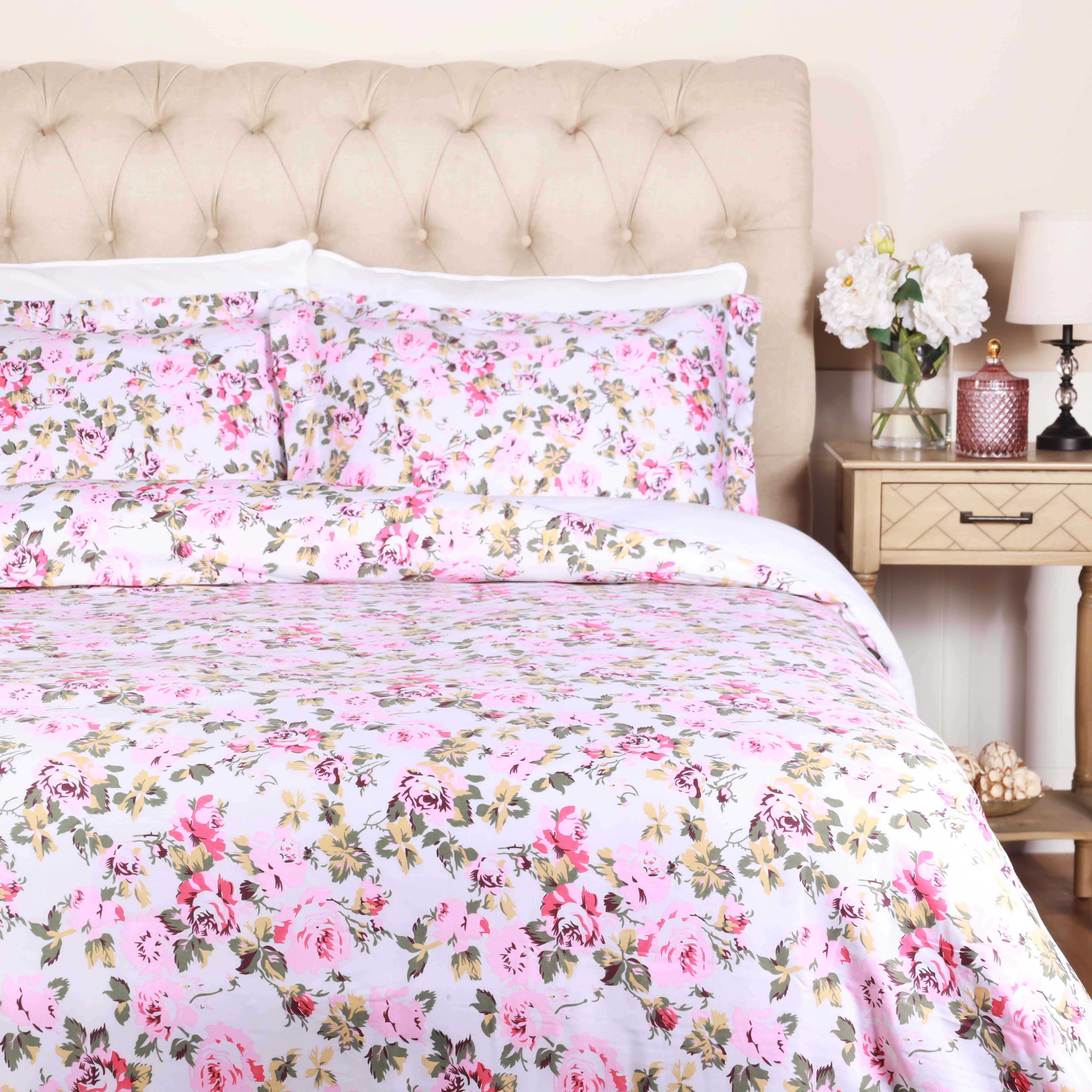 300 Thread Count Solid & Floral Cotton Duvet Cover Set - All Season Soft Bedding for Master Bedroom, Guest Room & Vacation Homes