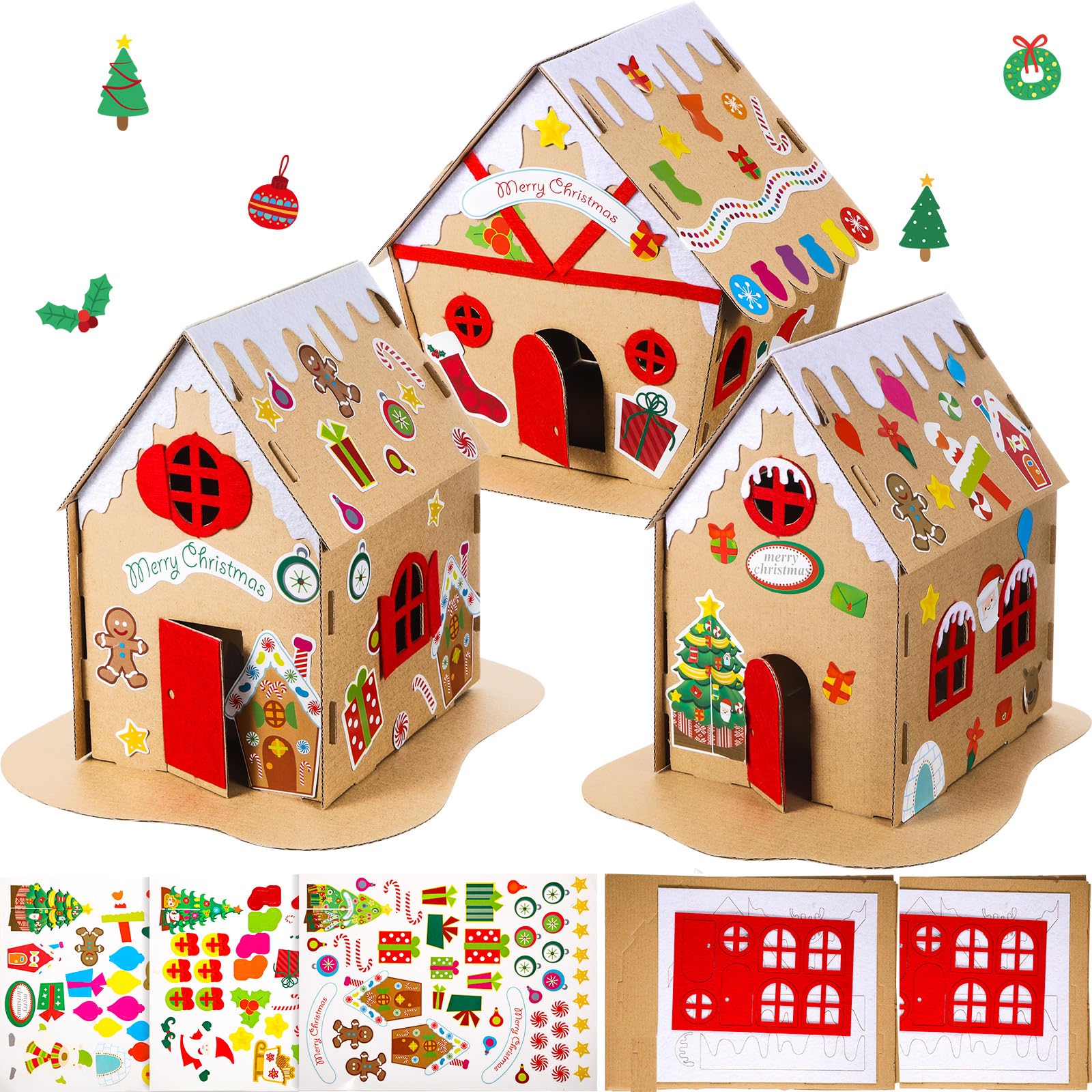 3 Sets Christmas Gingerbread House Kit for Kids - DIY Holiday Craft with Cardboard House Decorations - Perfect for Christmas Party Activities, Family Bonding & Classroom Projects