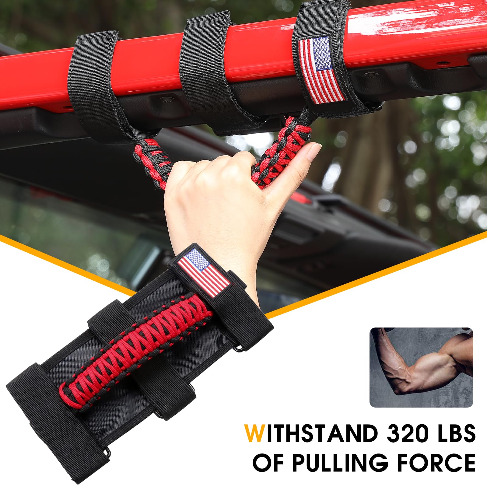 Roll Bar Paracord Grab Handles for Jeep Wrangler YJ TJ JK JL & Gladiator JT 1955+ UTV ATV - Heavy Duty Interior Accessories (Red) - Perfect for Off-Roading, Camping & Adventure Vehicles