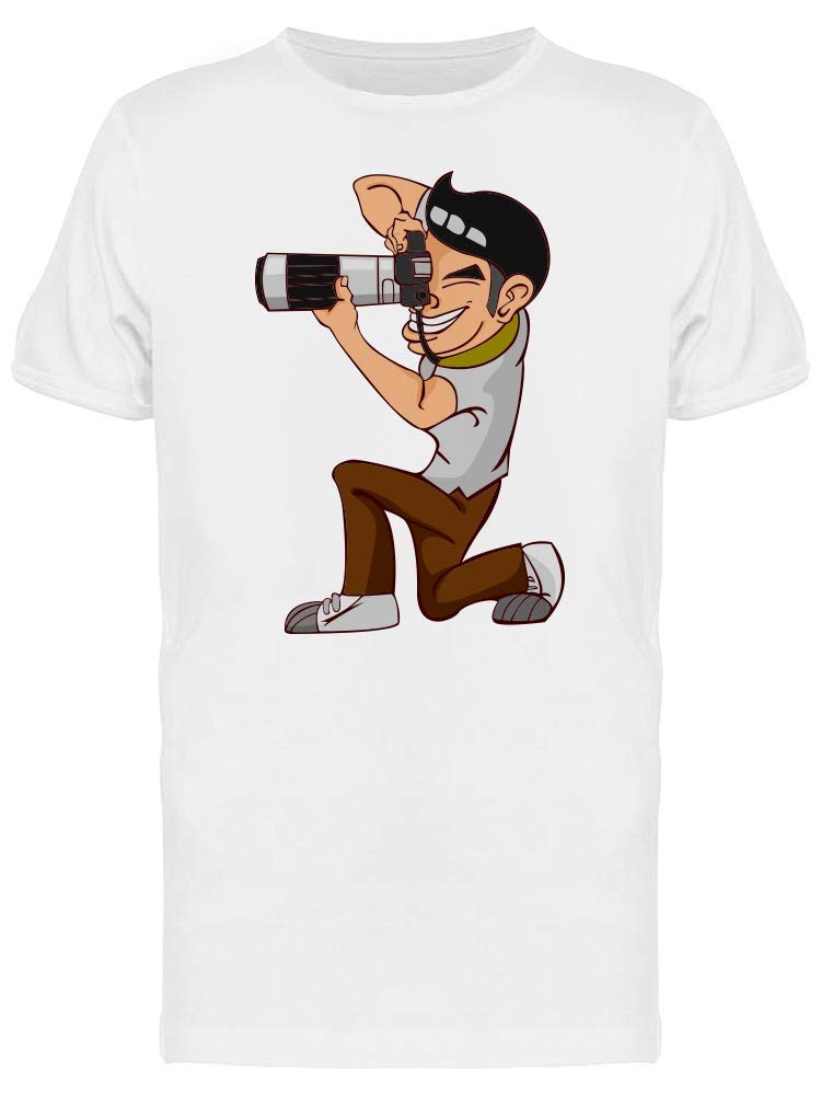 Professional Photographer Crouching T-Shirt for Men - Comfortable Cotton Graphic Tee for Photography Enthusiasts & Camera Lovers